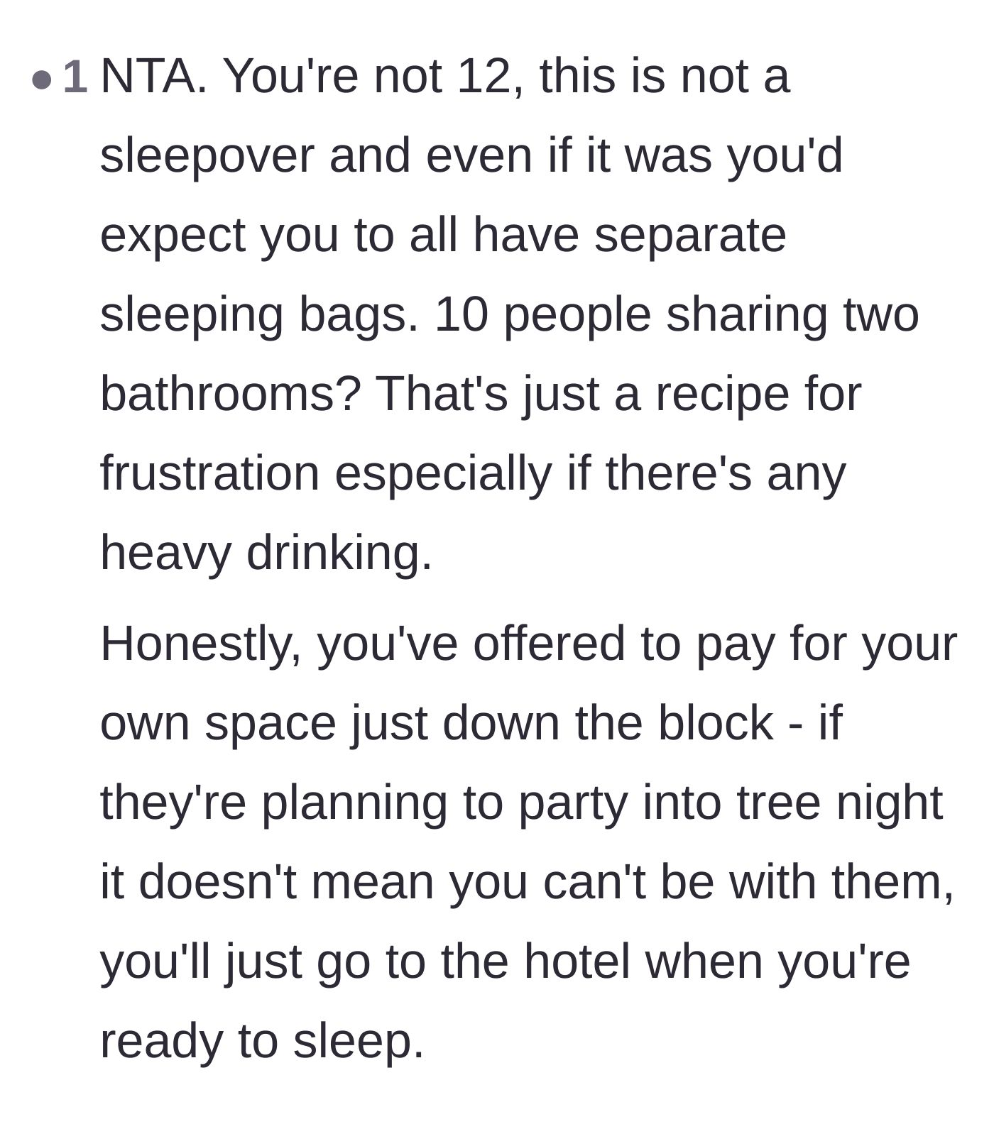 Comment thread 6 - Reminding the bride that this isn't a middle school sleepover and the bridesmaid can still party before going to her hotel.