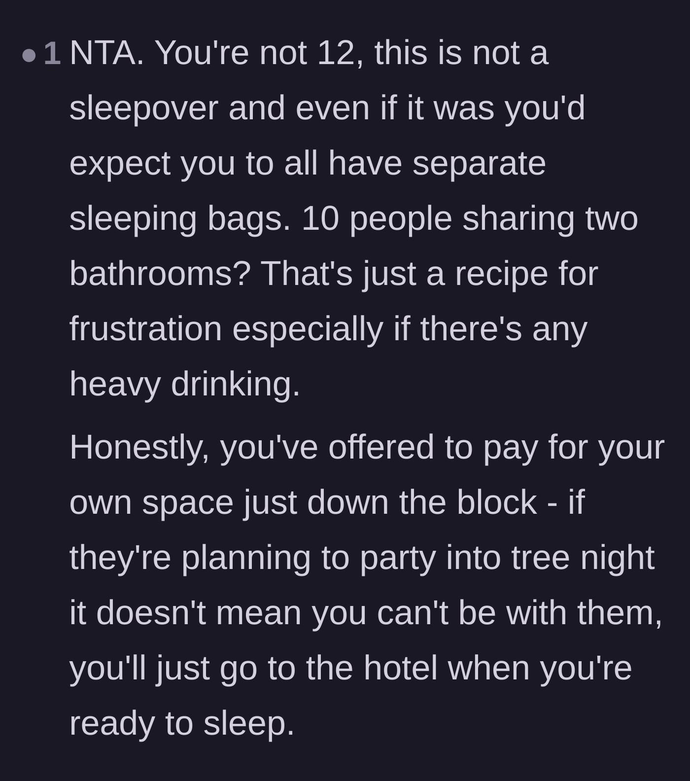 Comment thread 6 - Reminding the bride that this isn't a middle school sleepover and the bridesmaid can still party before going to her hotel.