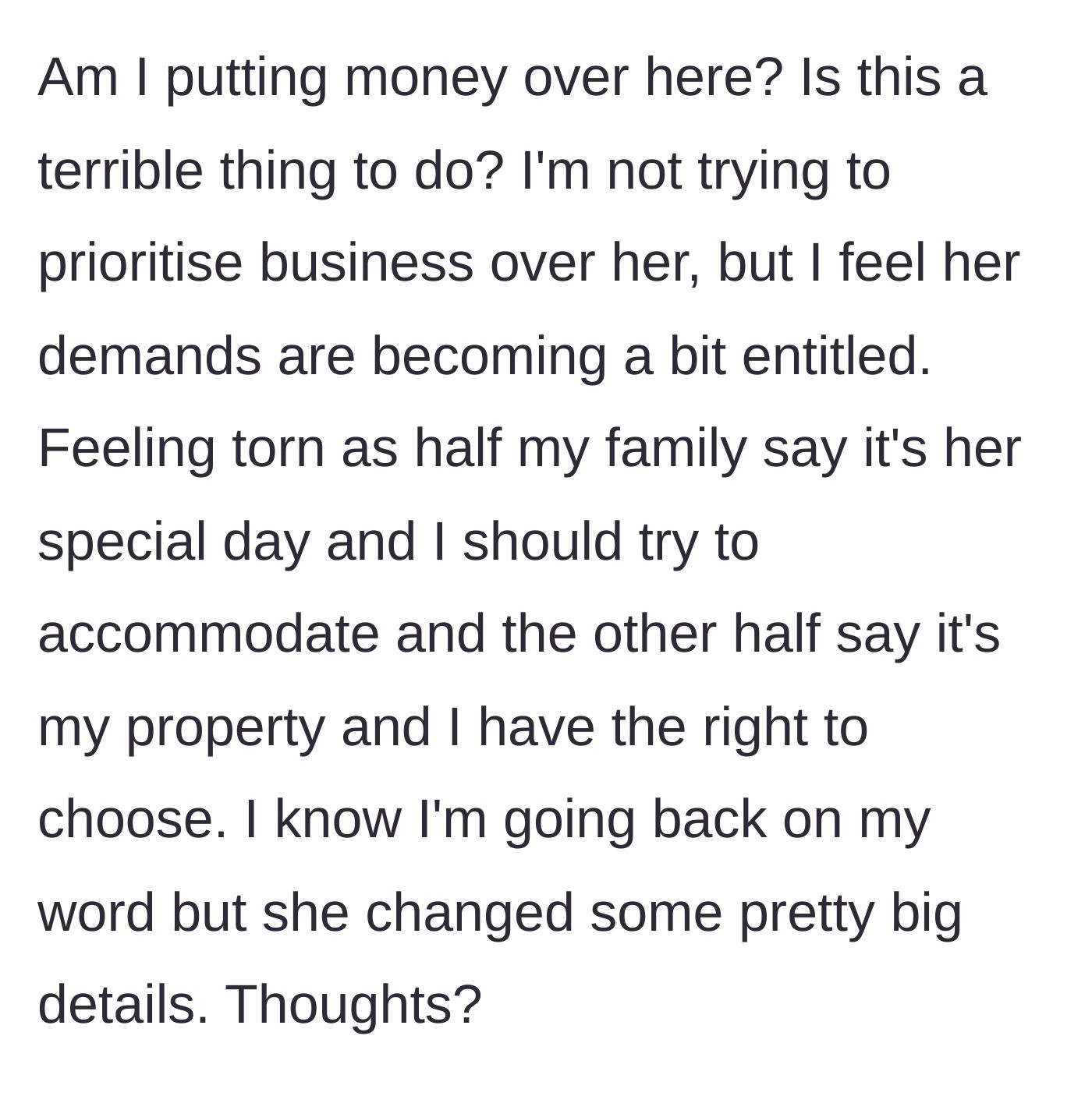 Story part 8 - Main character questions if she is in the wrong due to the family's divided opinions and guilt trips.