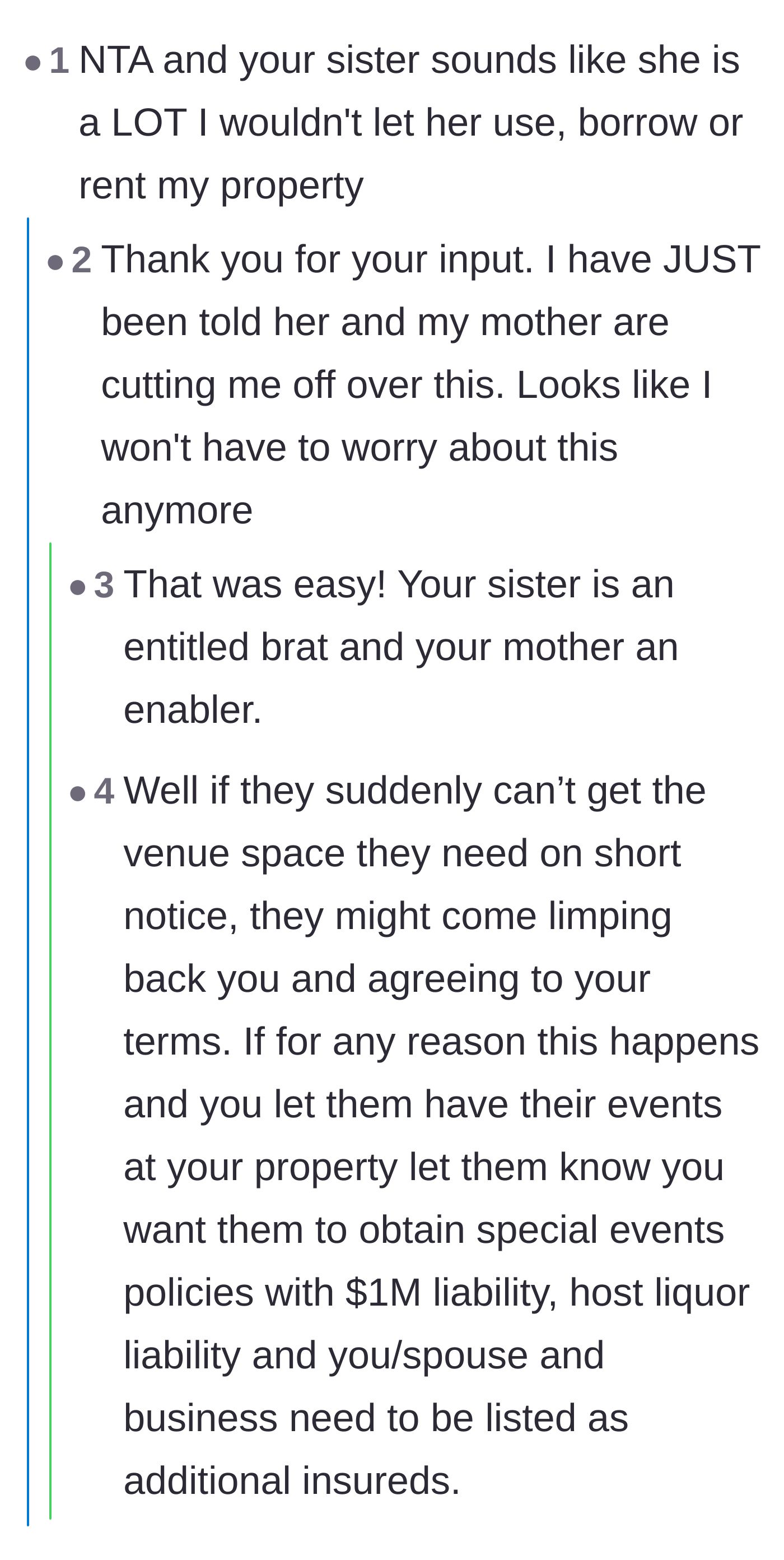 Comment thread 1 - Readers celebrate the sister cutting contact and warn the main character about the massive liability risks of a farm wedding