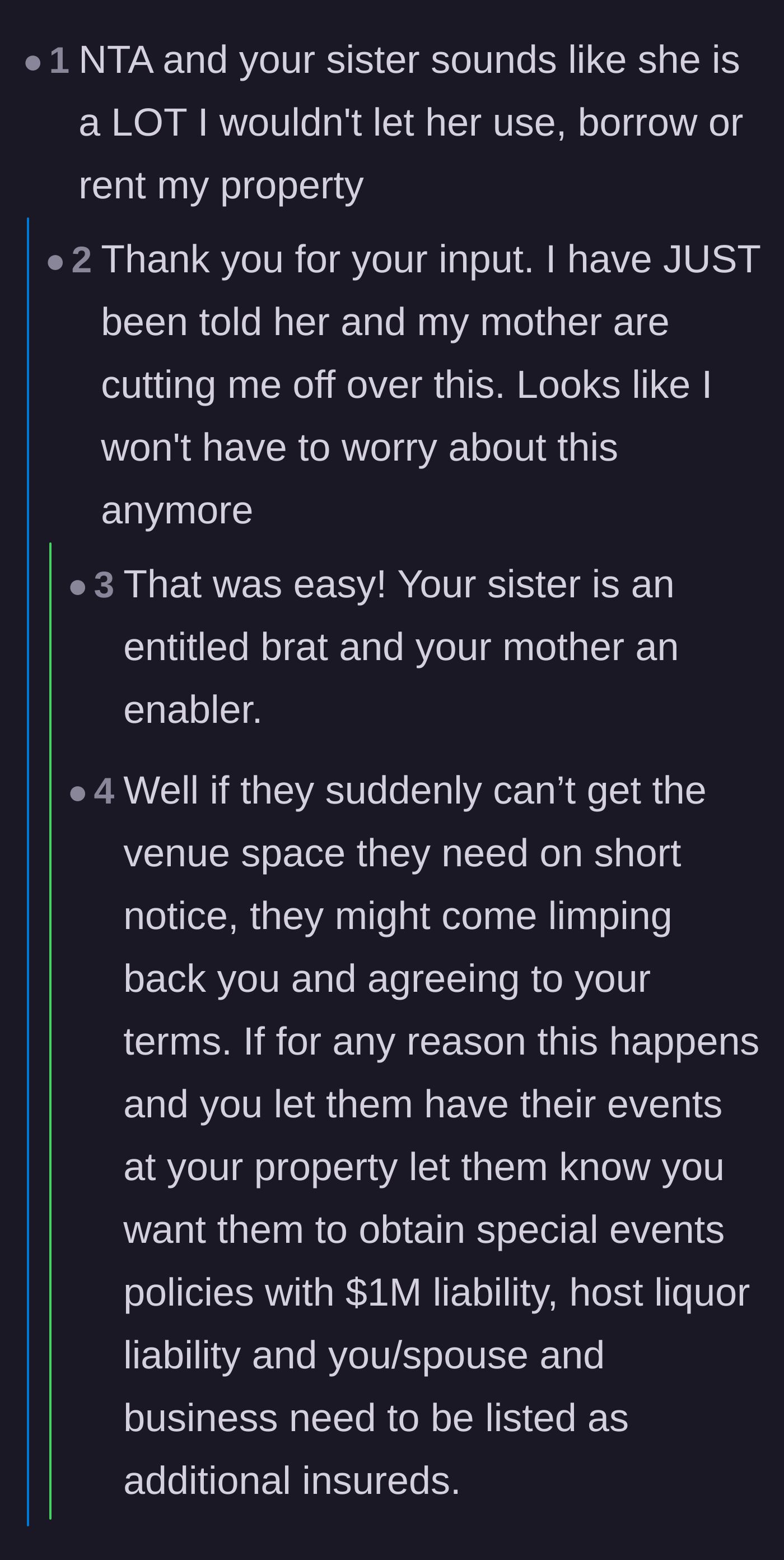 Comment thread 1 - Readers celebrate the sister cutting contact and warn the main character about the massive liability risks of a farm wedding
