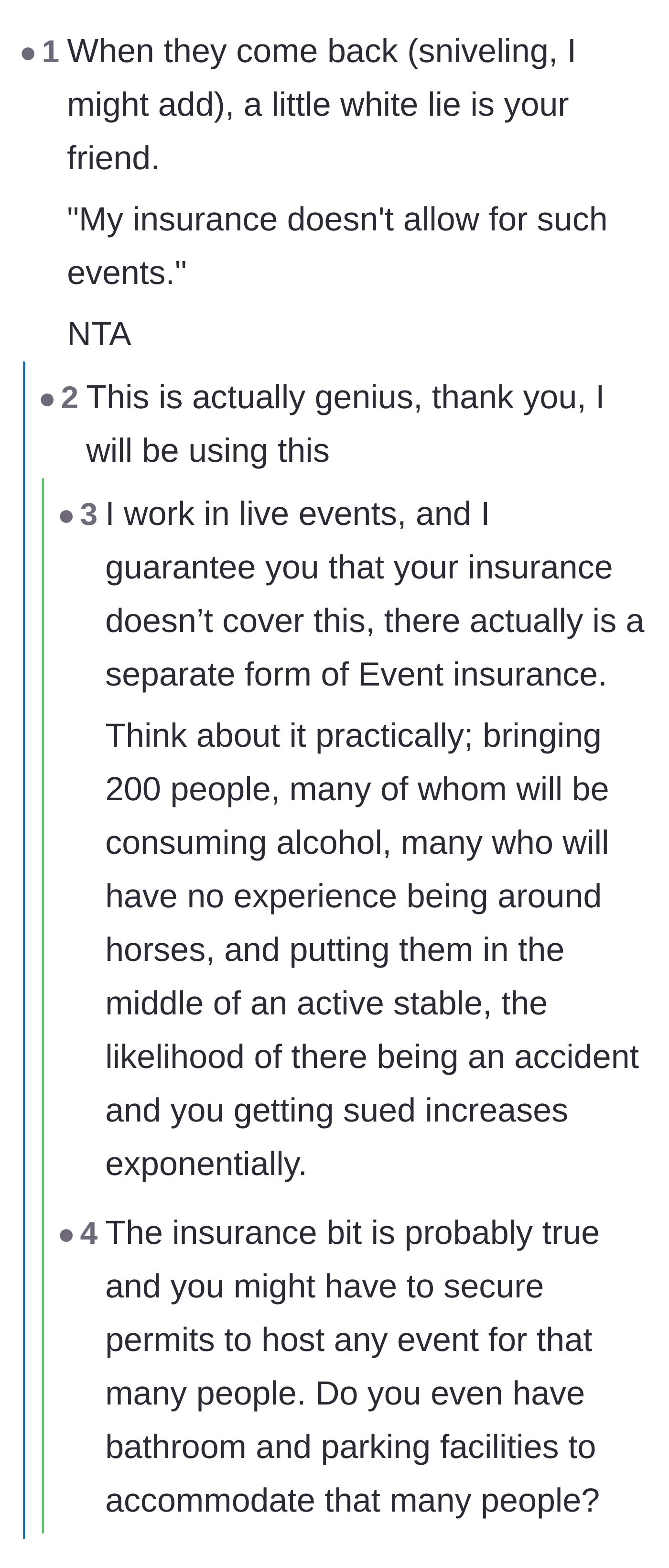 Comment thread 3 - Event professionals confirm that standard business insurance will not cover a 200-person wedding