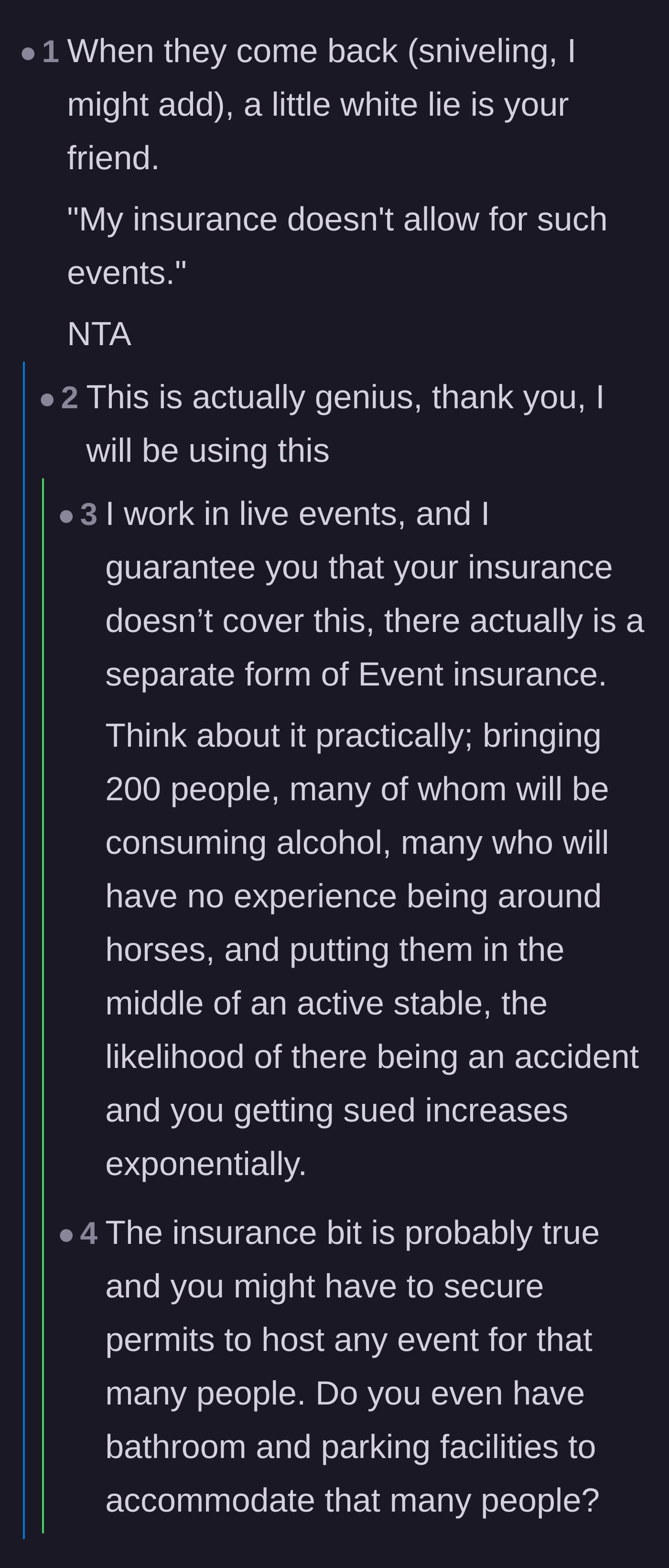 Comment thread 3 - Event professionals confirm that standard business insurance will not cover a 200-person wedding
