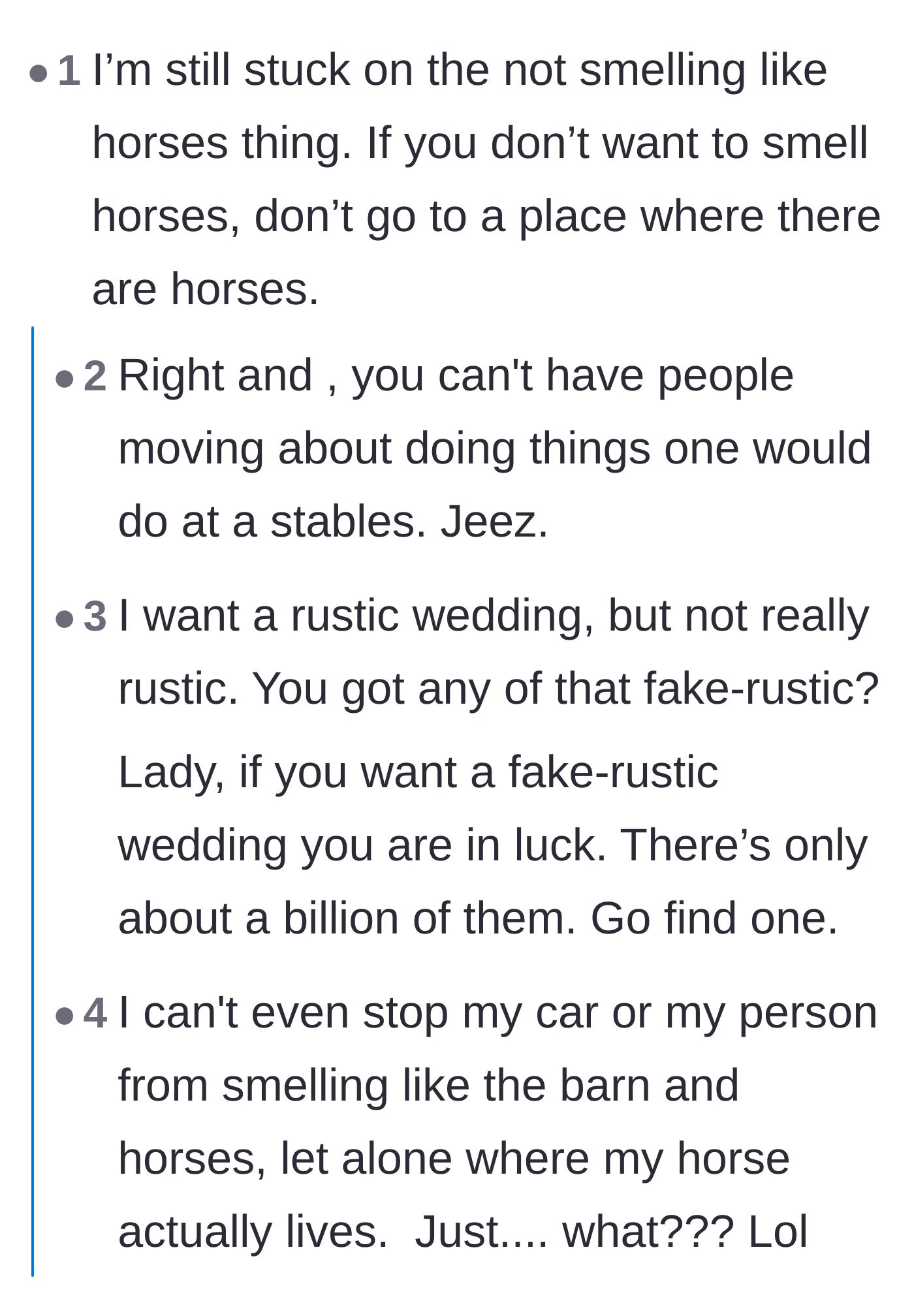 Comment thread 4 - People laughing at the impossibility of making a horse barn not smell like horses