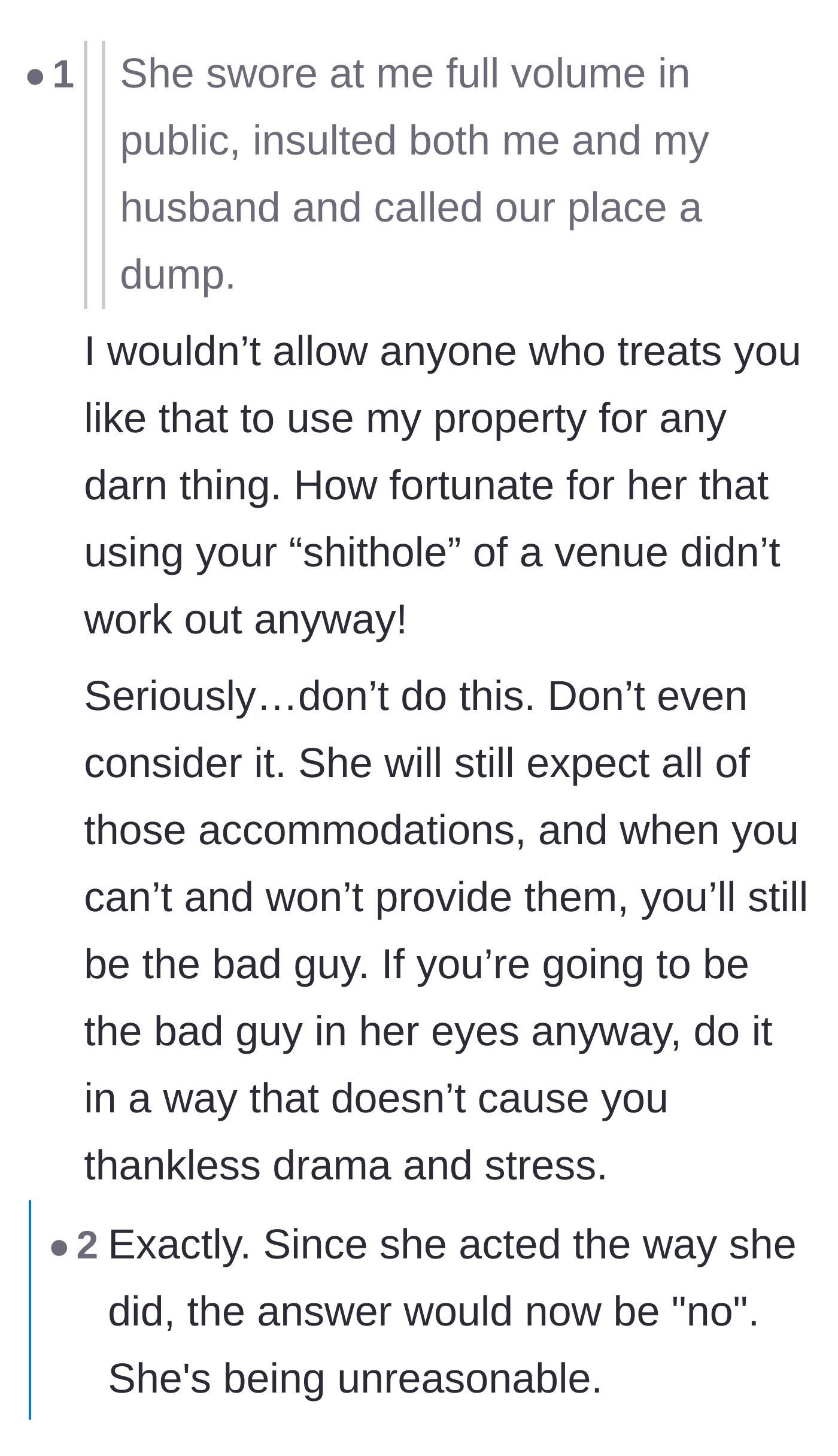 Comment thread 5 - Readers pointing out the hypocrisy of the sister insulting the venue she is begging to use