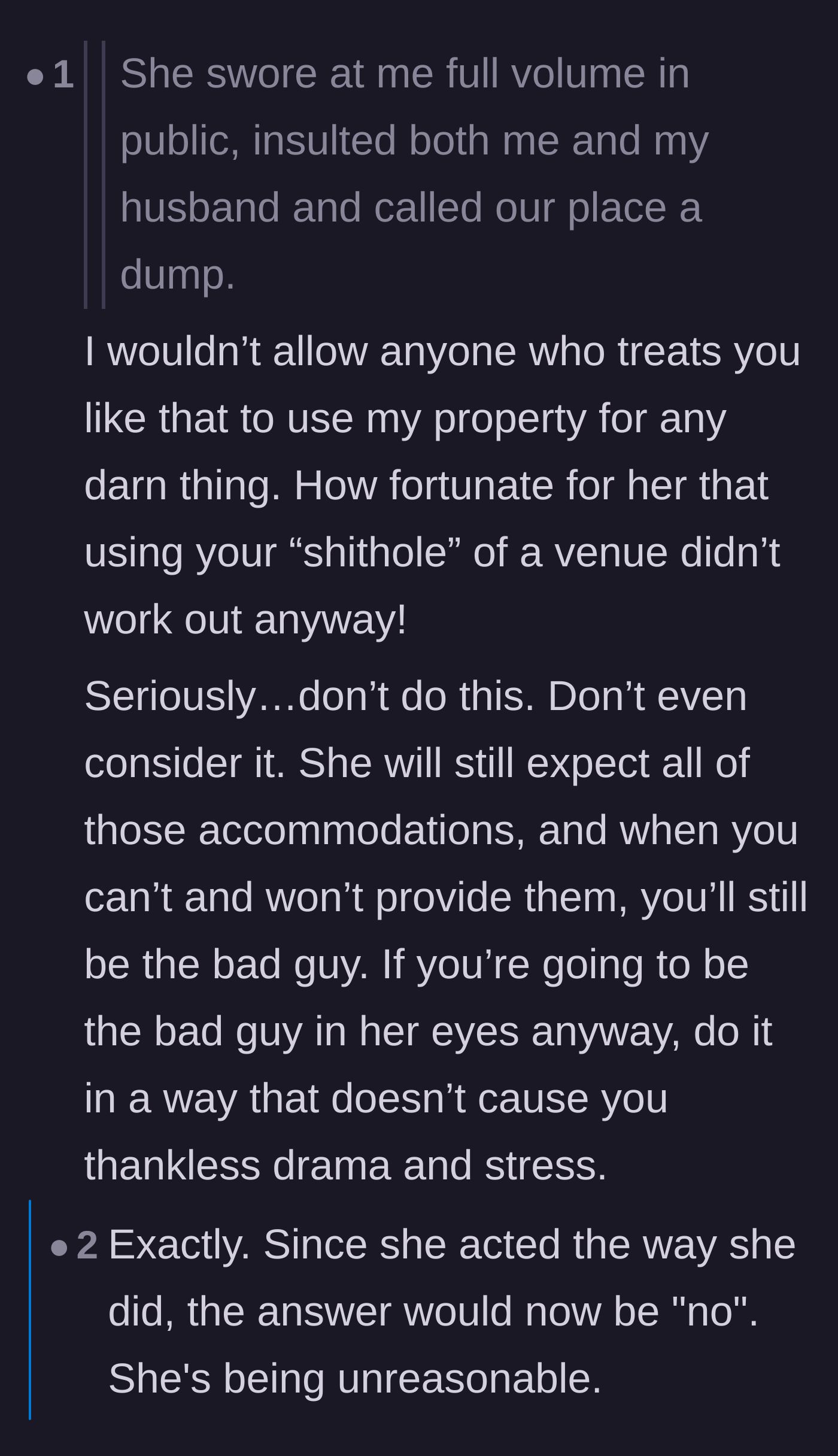 Comment thread 5 - Readers pointing out the hypocrisy of the sister insulting the venue she is begging to use