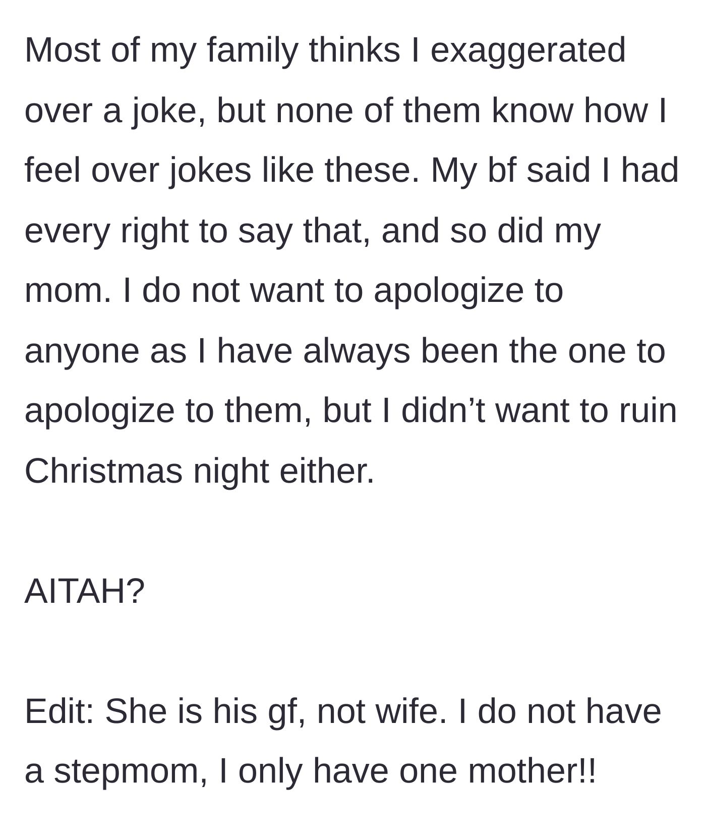 Story part 5 - The daughter refuses to apologize despite family backlash, noting her mom and boyfriend support her.