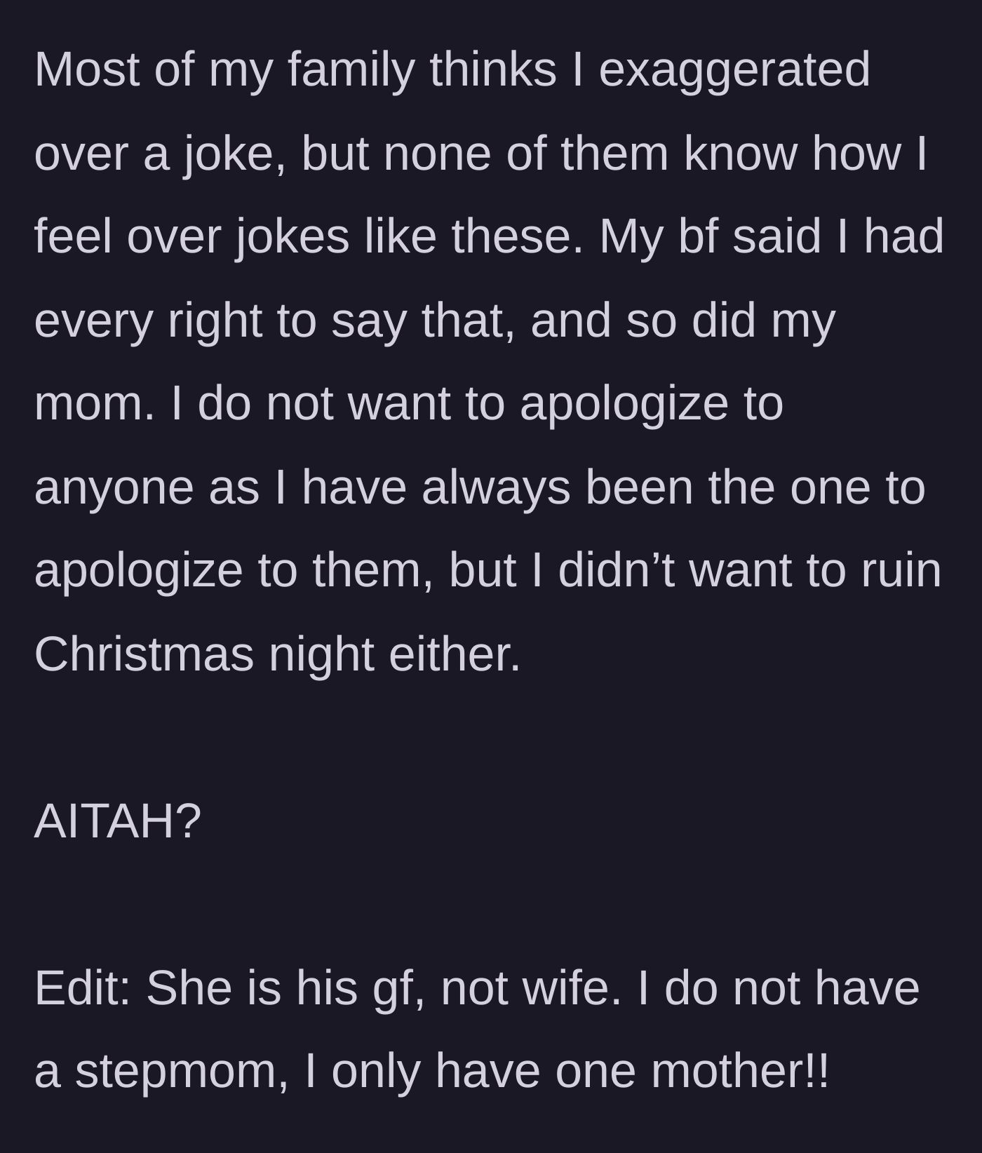Story part 5 - The daughter refuses to apologize despite family backlash, noting her mom and boyfriend support her.