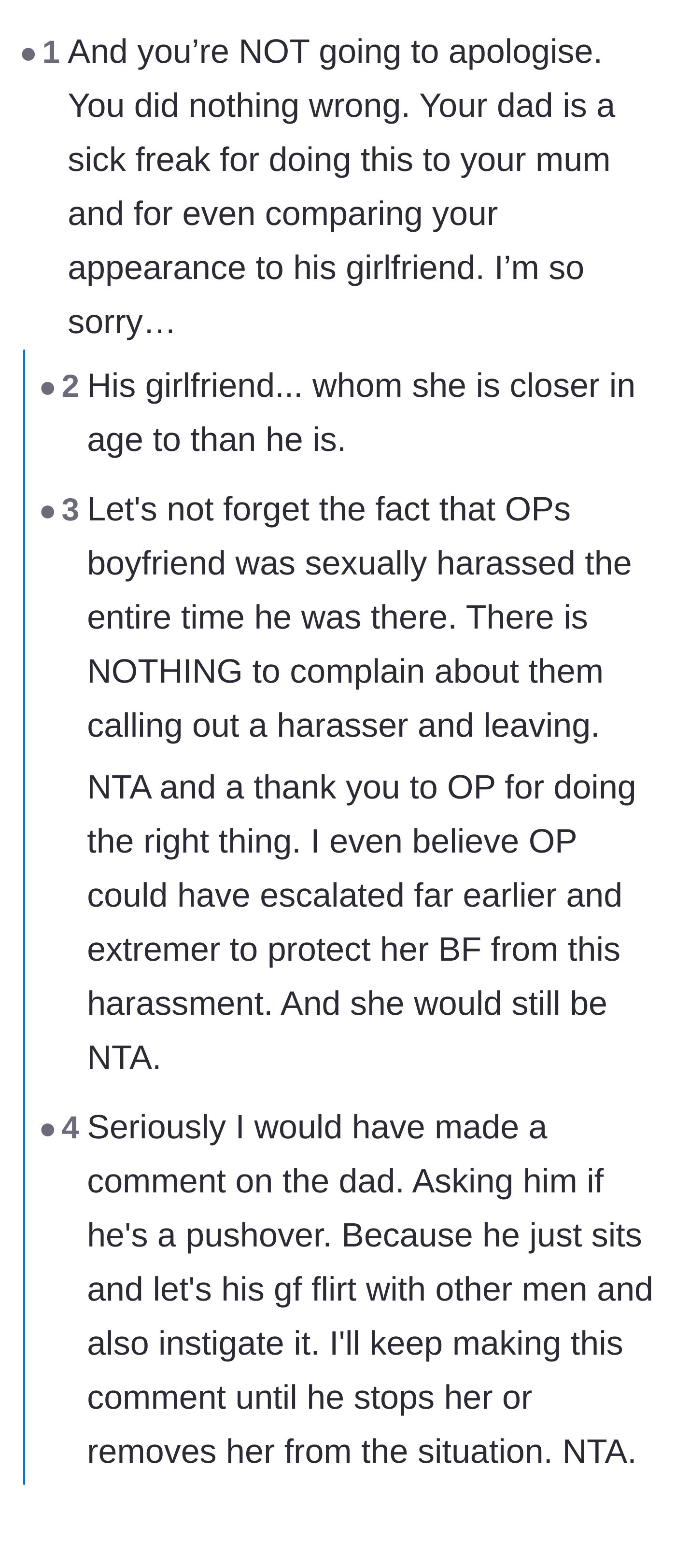 Comment thread 1 - Commenters dissecting the creepy age gap and the dad's bizarre enabling behavior toward his girlfriend.