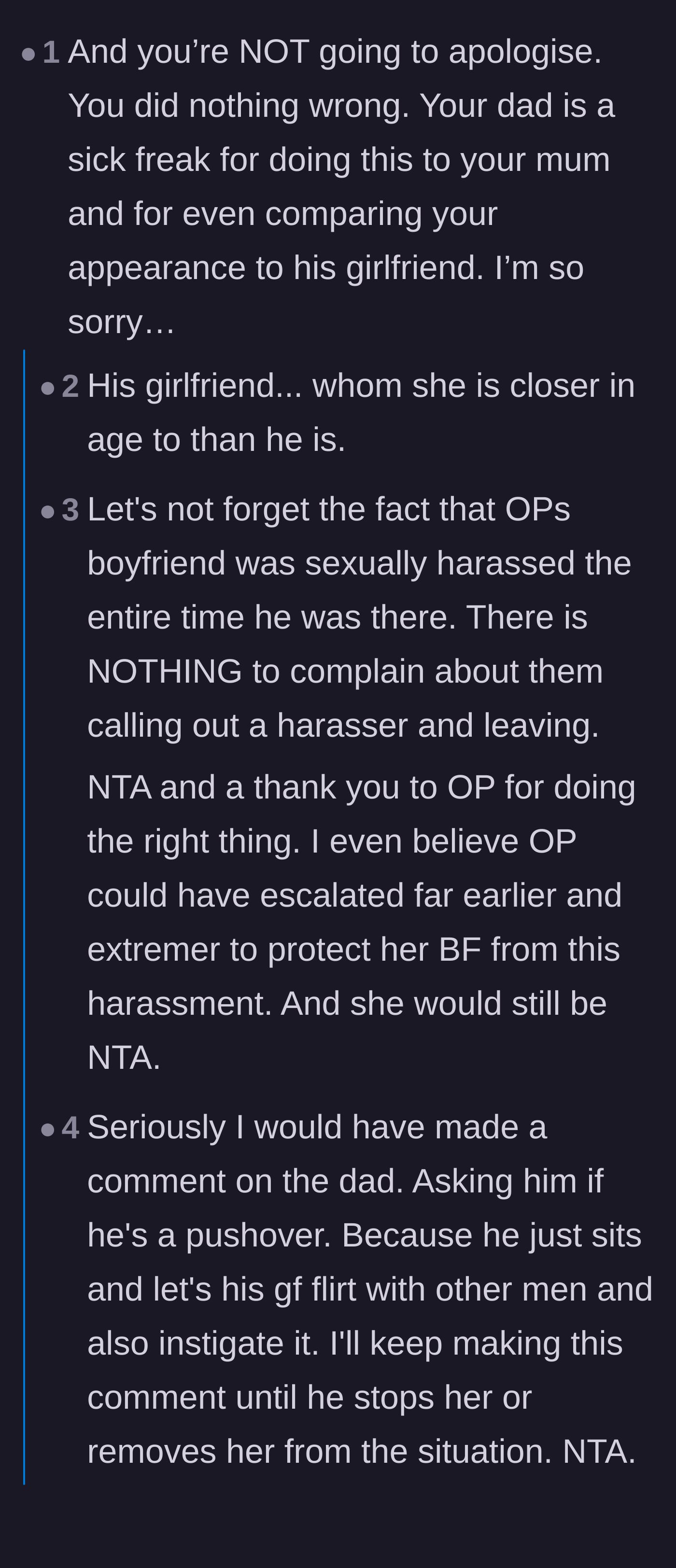 Comment thread 1 - Commenters dissecting the creepy age gap and the dad's bizarre enabling behavior toward his girlfriend.