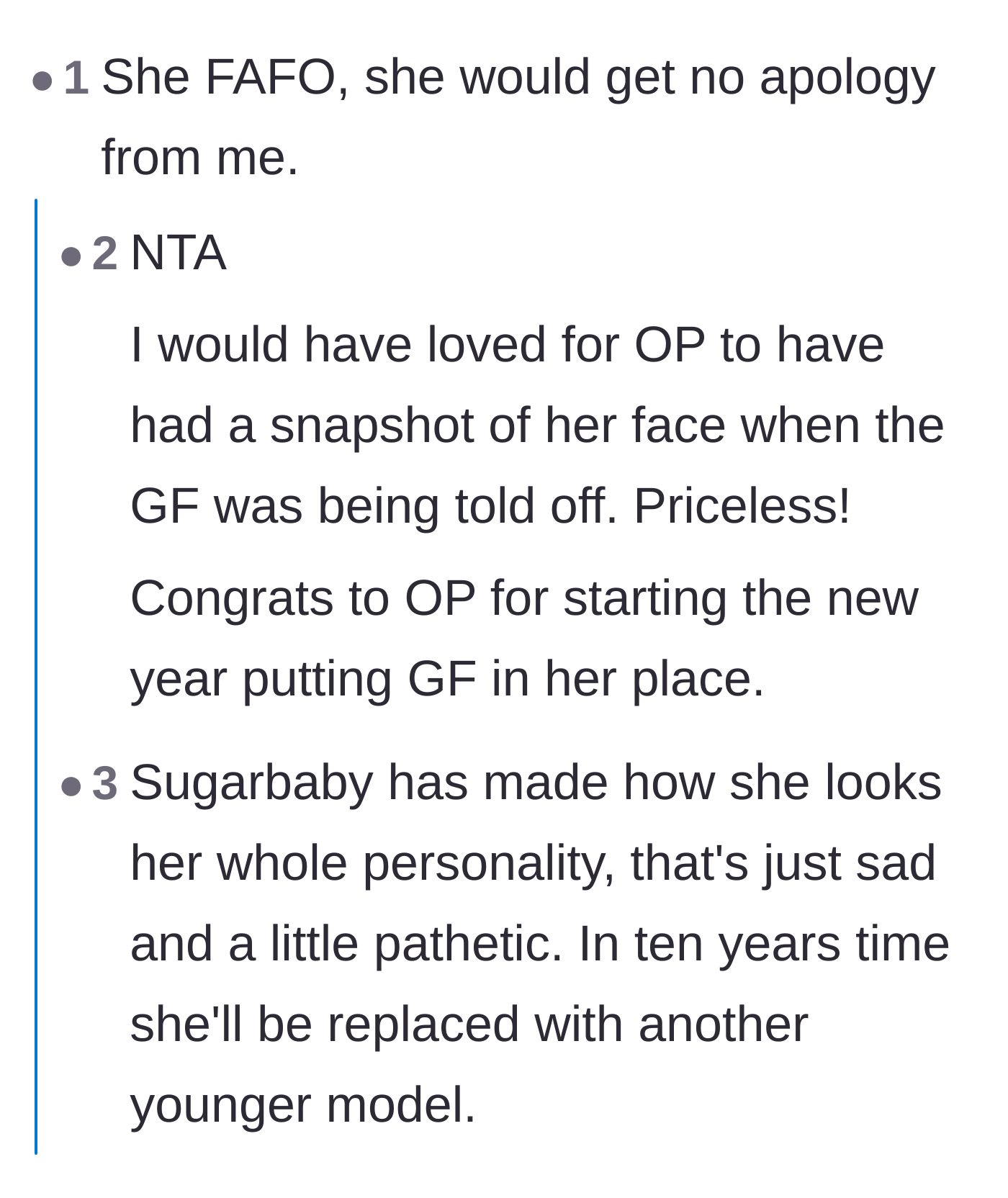 Comment thread 2 - Commenters joking about the girlfriend's plastic surgery preventing her from making a shocked face and calling out her sugar baby status.