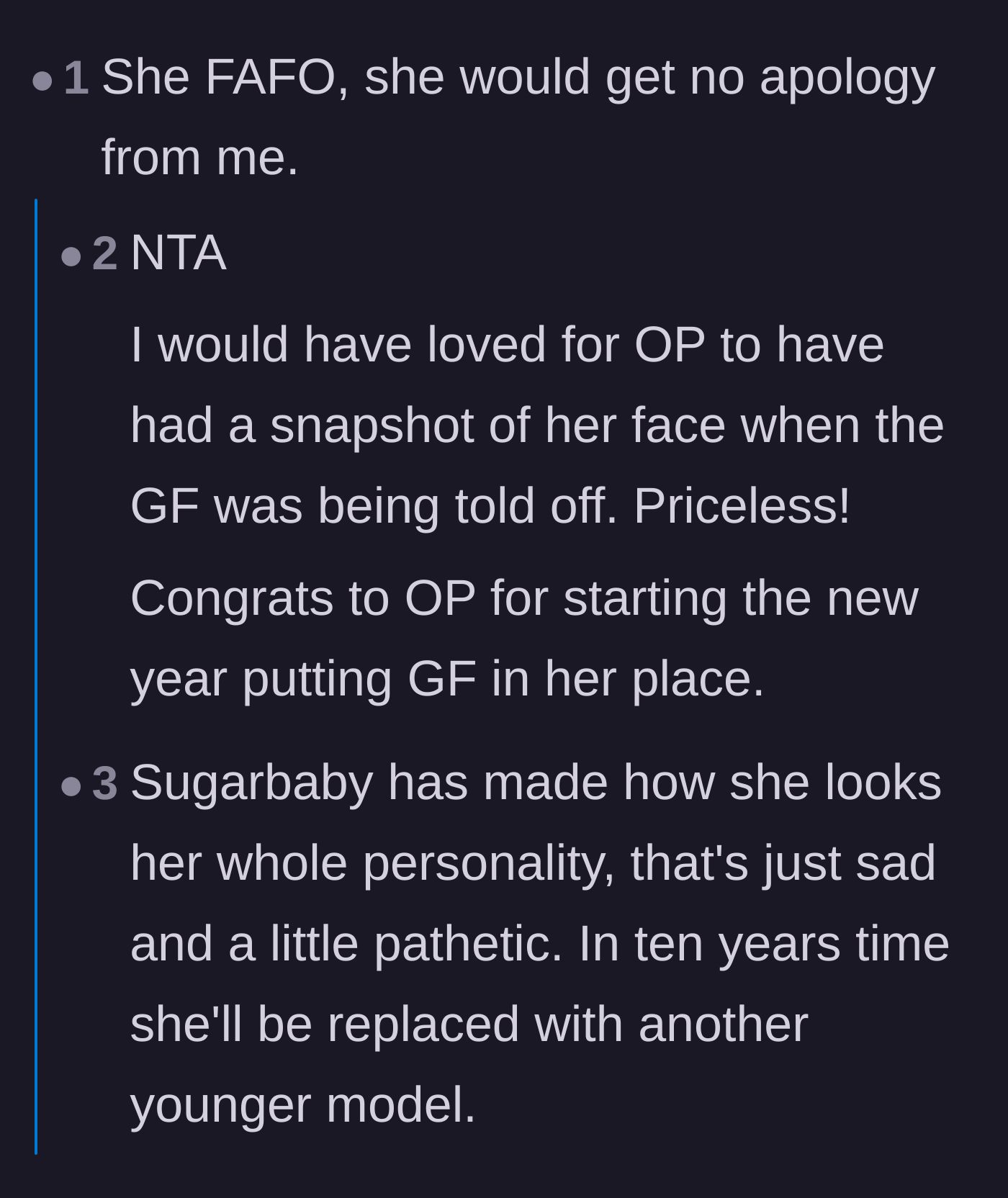 Comment thread 2 - Commenters joking about the girlfriend's plastic surgery preventing her from making a shocked face and calling out her sugar baby status.