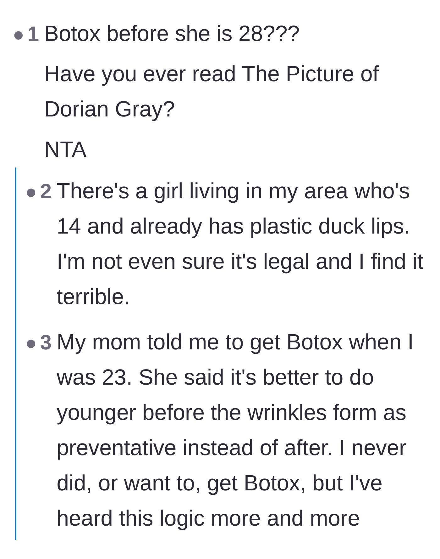 Comment thread 5 - A deep dive by commenters discussing the terrifying scientific realities and muscle atrophy caused by young women getting preventative Botox.