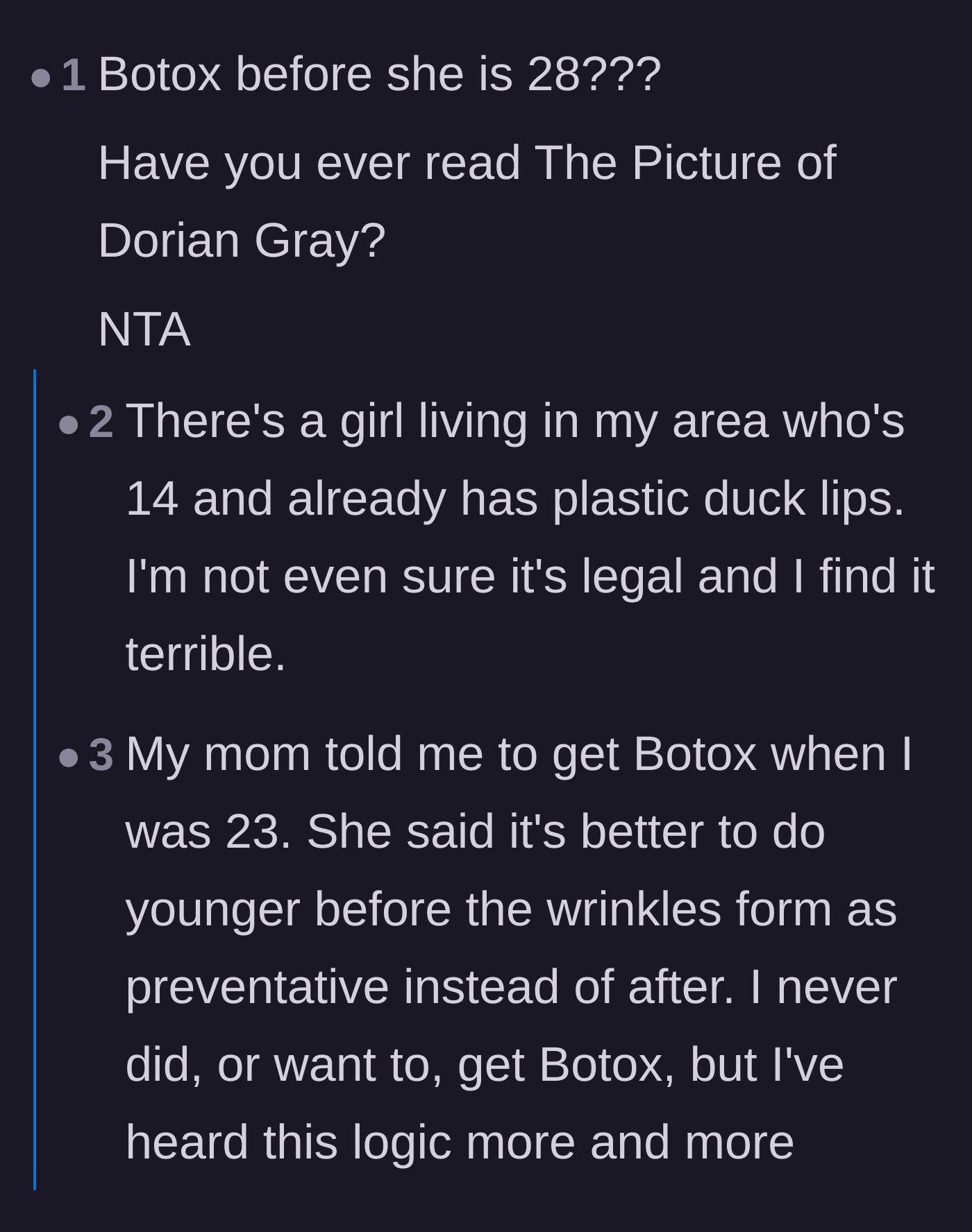 Comment thread 5 - A deep dive by commenters discussing the terrifying scientific realities and muscle atrophy caused by young women getting preventative Botox.