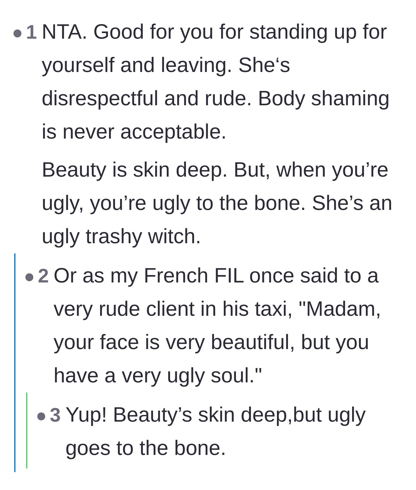Comment thread 6 - Commenters pointing out that inner ugliness ruins physical beauty, featuring an elegant French insult.