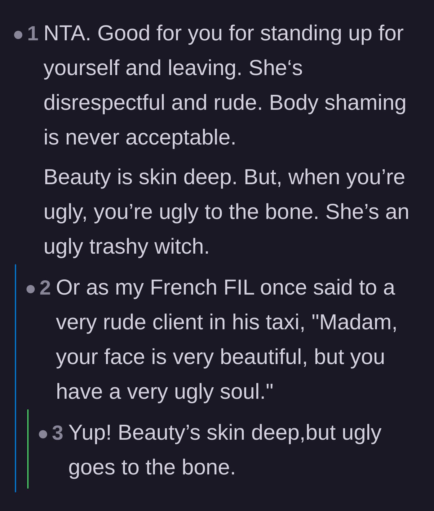 Comment thread 6 - Commenters pointing out that inner ugliness ruins physical beauty, featuring an elegant French insult.