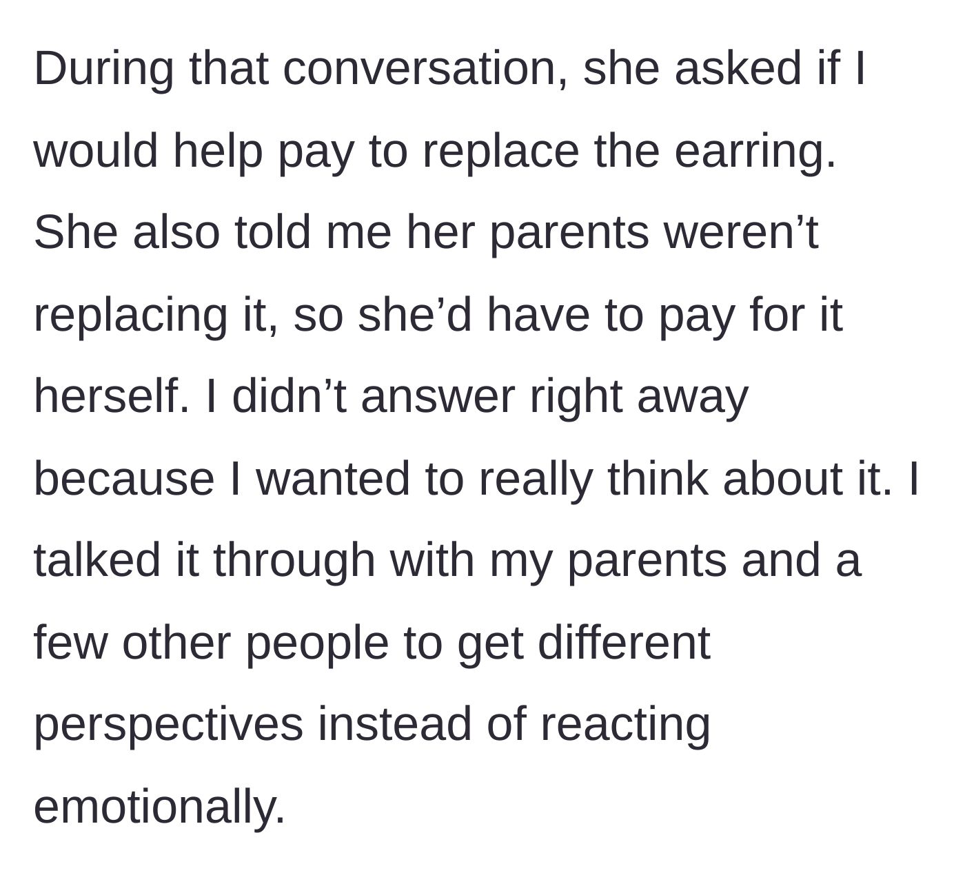 Story part 4 - The friend asks for money because her parents refused, and the main character consults her own family for advice.