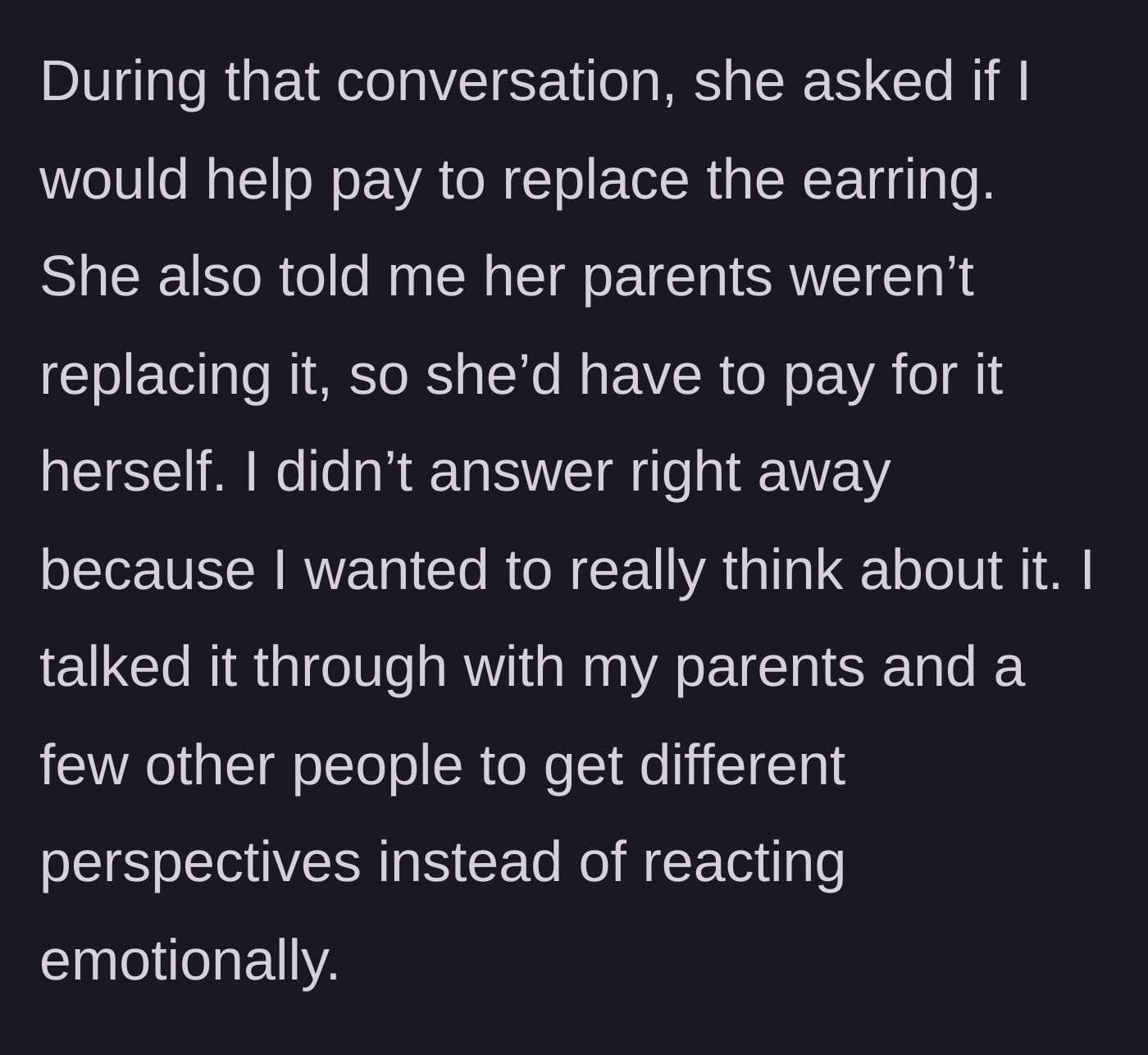 Story part 4 - The friend asks for money because her parents refused, and the main character consults her own family for advice.