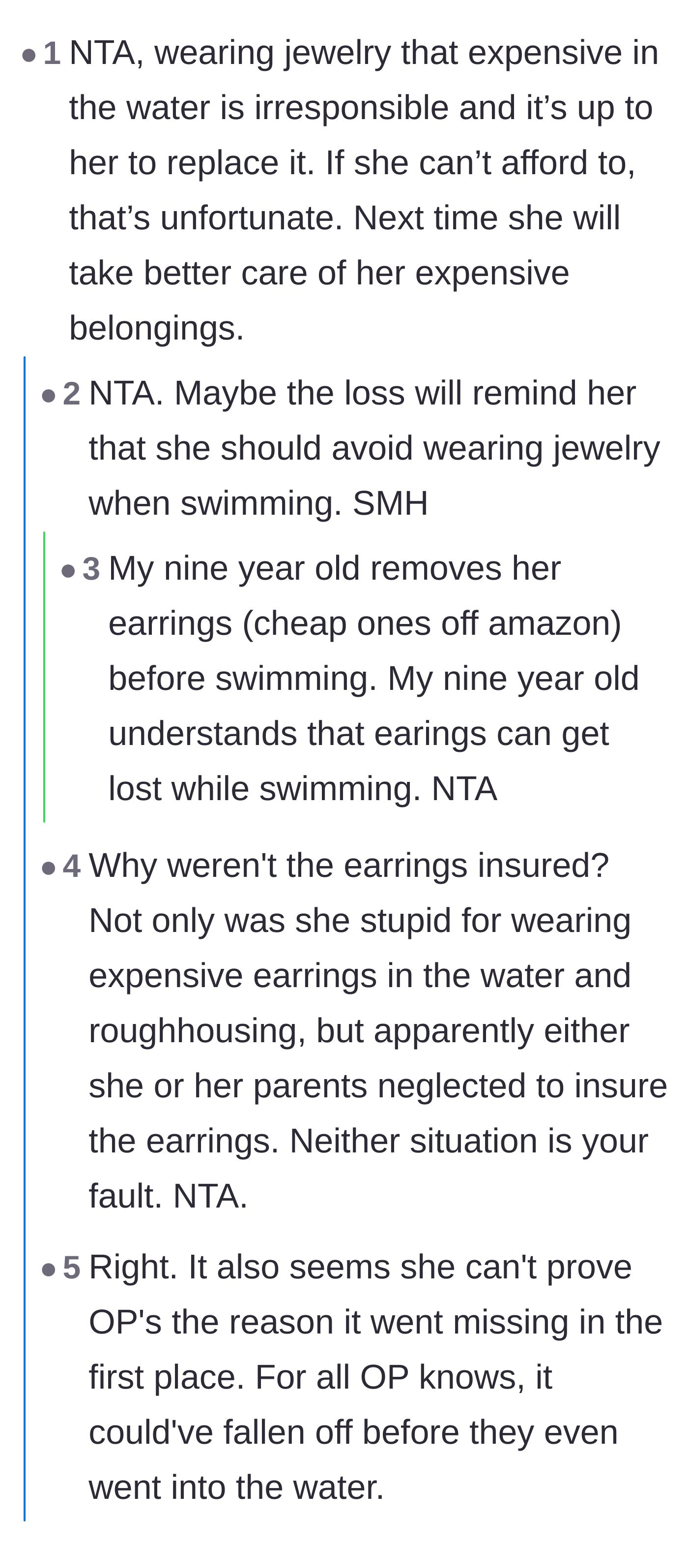 Comment thread 1 - Readers point out that even young children know to take off jewelry before swimming and discuss the lack of insurance on the item.