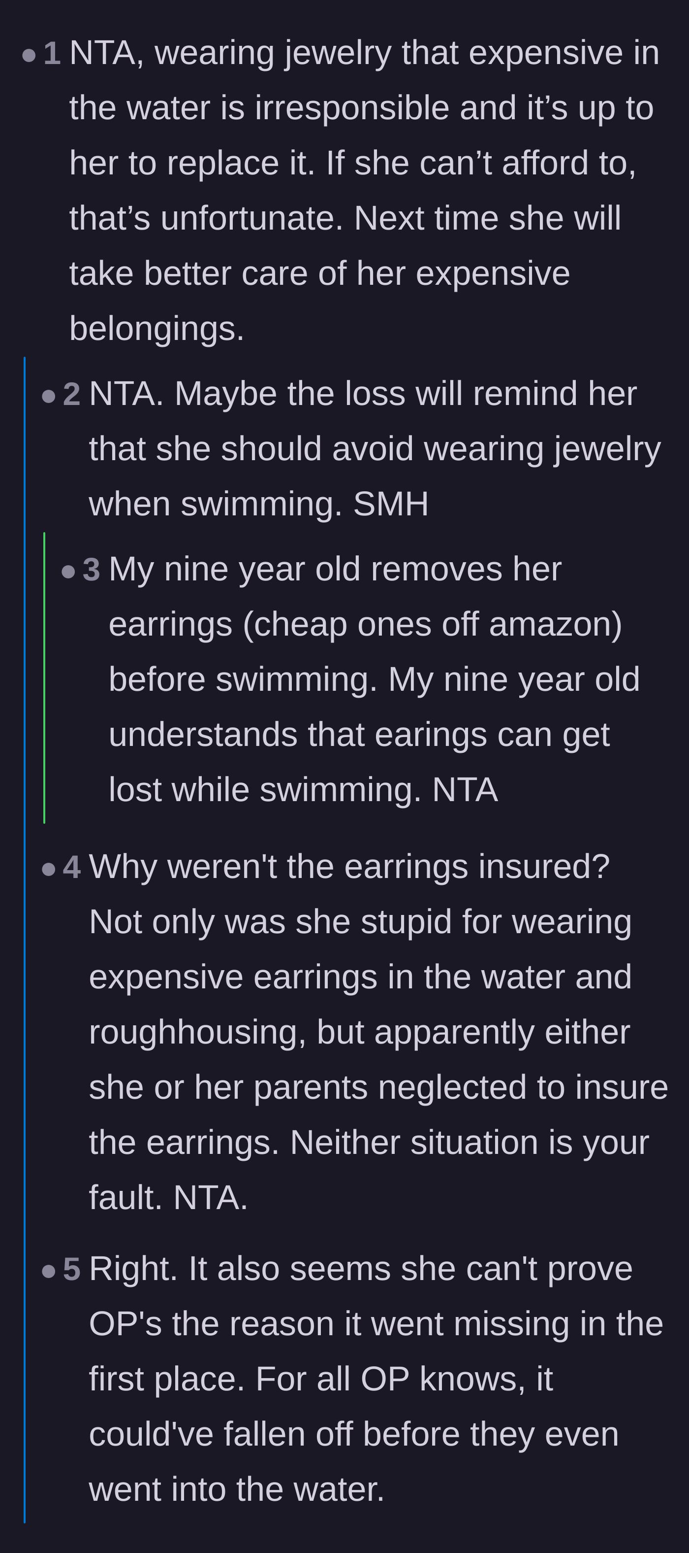 Comment thread 1 - Readers point out that even young children know to take off jewelry before swimming and discuss the lack of insurance on the item.