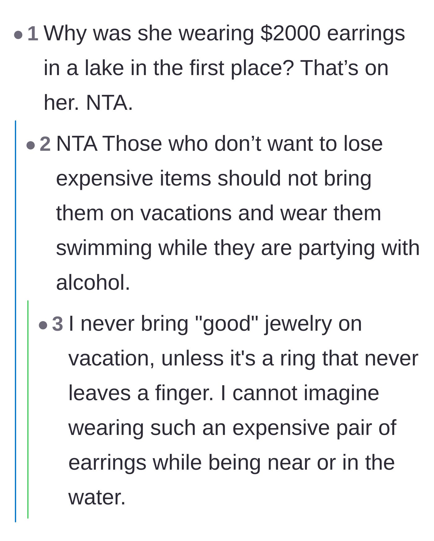 Comment thread 2 - Commenters agree that wearing expensive jewelry to drink and swim on vacation is completely irresponsible.