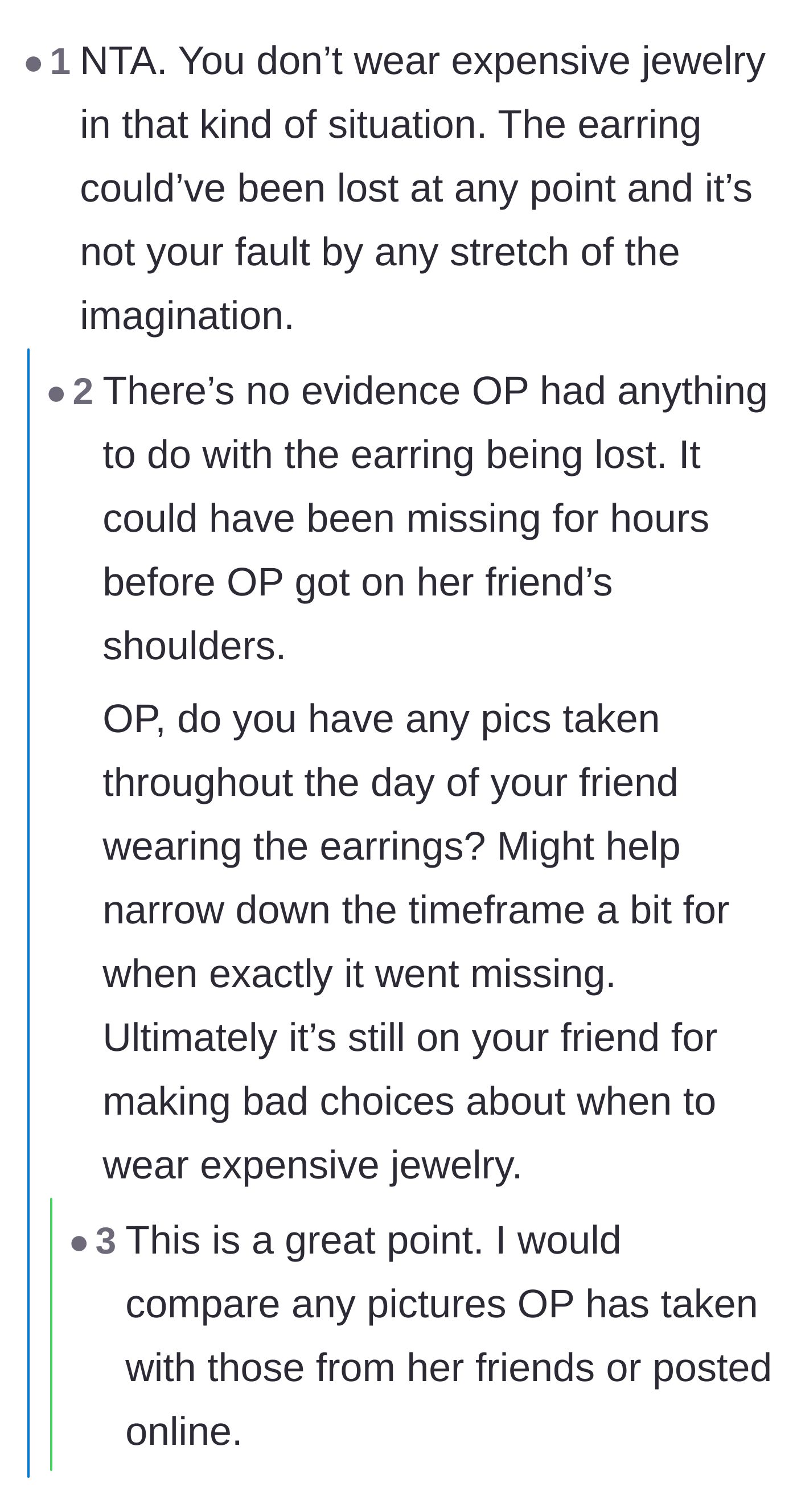 Comment thread 4 - Commenters suggest checking timestamped photos from the day to prove the earring might have been lost long before the shoulder ride.