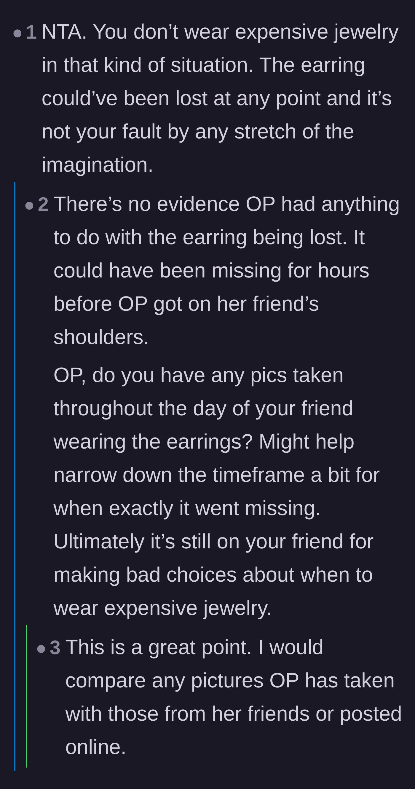 Comment thread 4 - Commenters suggest checking timestamped photos from the day to prove the earring might have been lost long before the shoulder ride.