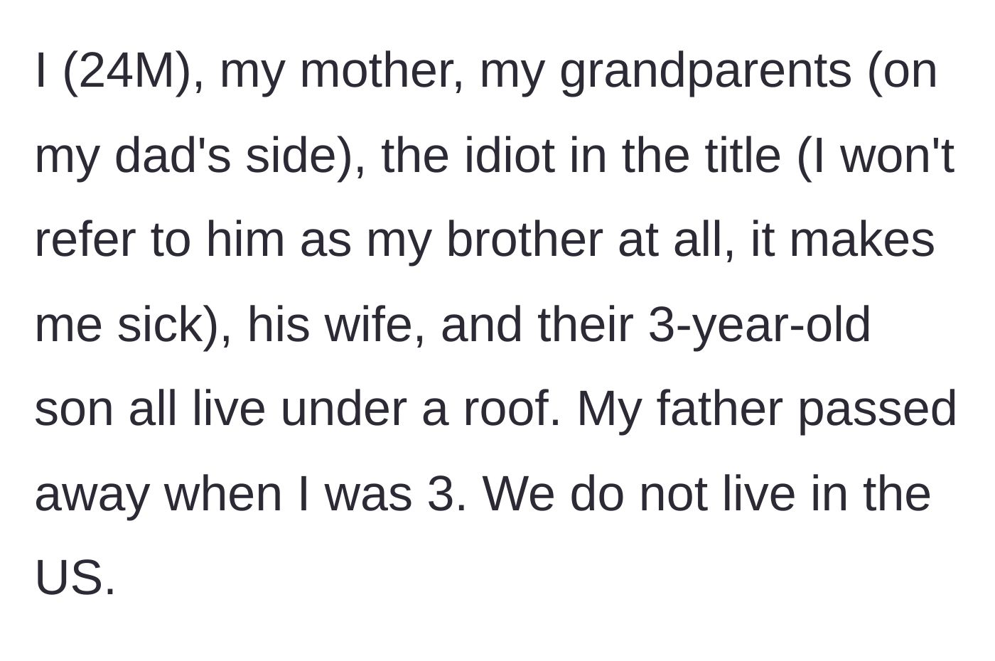 Story part 1 - A description of a crowded, multi-generational household in a non-US country.