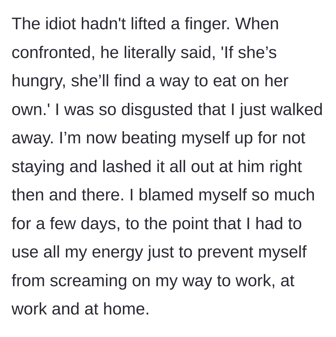 Story part 4 - The older brother refuses to feed the grandmother, showing complete apathy when confronted.