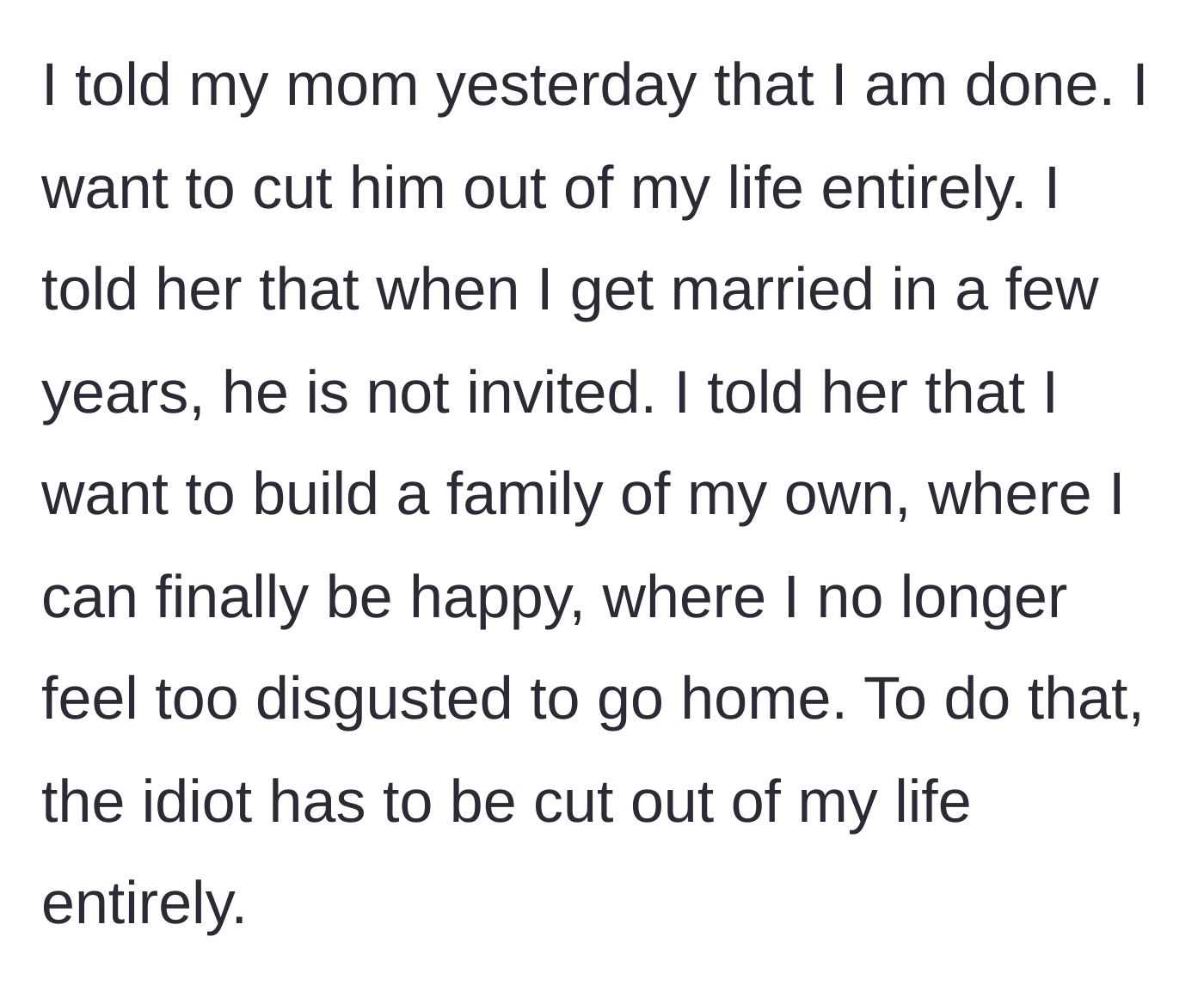 Story part 6 - The younger brother tells his mother he is cutting the older brother out of his life and future events.