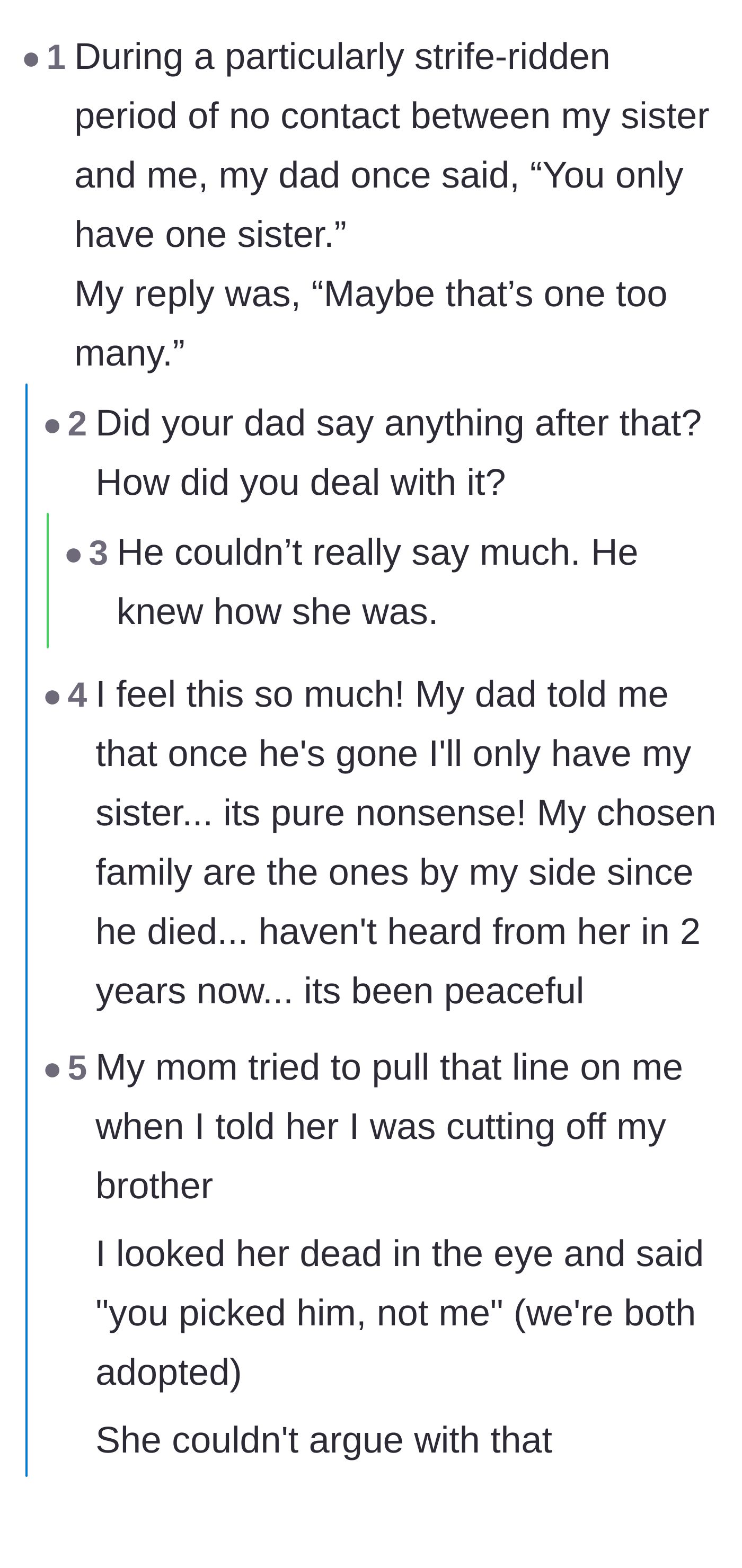 Comment thread 1 - Commenters sharing personal success stories of cutting off toxic siblings and dismantling the 'blood is thicker than water' argument.