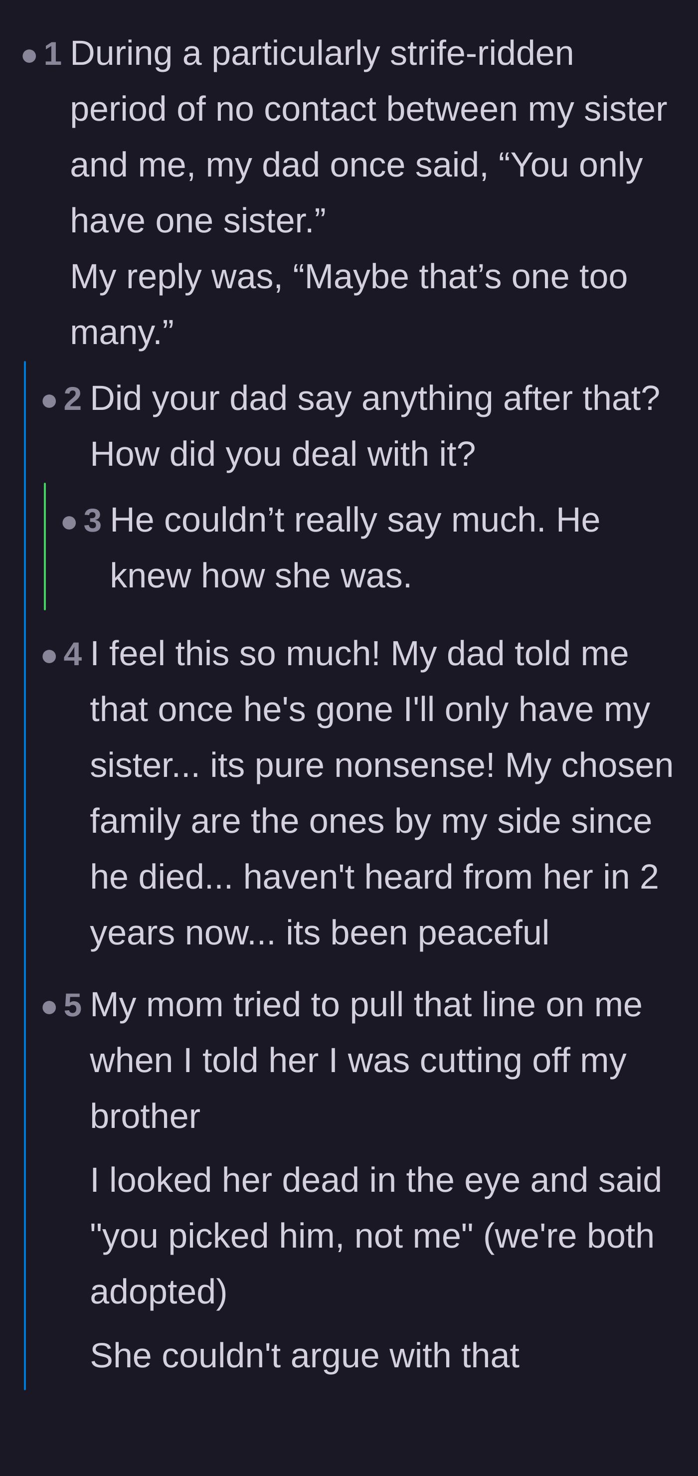 Comment thread 1 - Commenters sharing personal success stories of cutting off toxic siblings and dismantling the 'blood is thicker than water' argument.