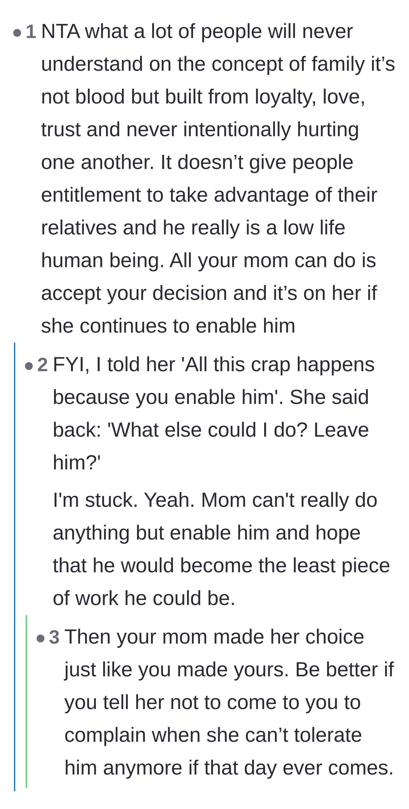 Comment thread 2 - A discussion about how enabling a financially abusive relative ultimately destroys the enabler's own future.