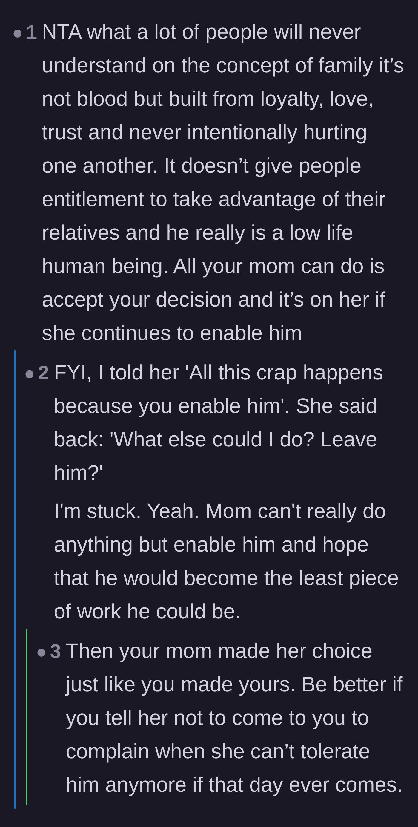 Comment thread 2 - A discussion about how enabling a financially abusive relative ultimately destroys the enabler's own future.
