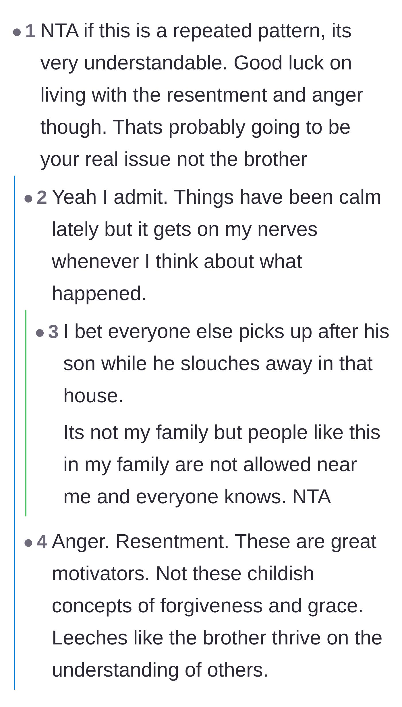 Comment thread 3 - Advice validating the younger brother's anger as a necessary tool to maintain boundaries against his toxic sibling.