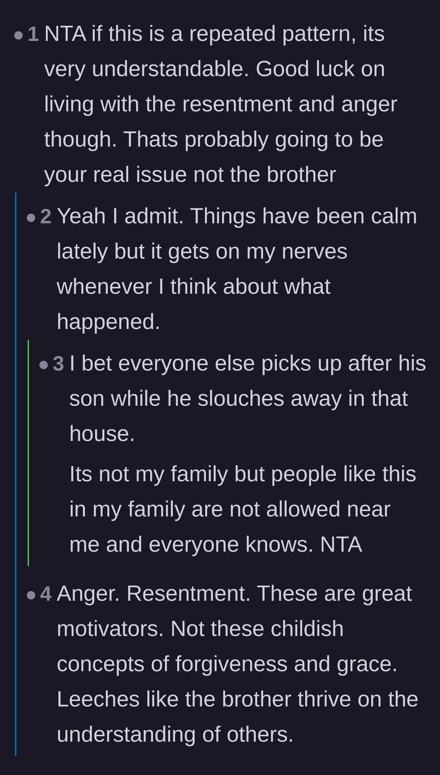 Comment thread 3 - Advice validating the younger brother's anger as a necessary tool to maintain boundaries against his toxic sibling.
