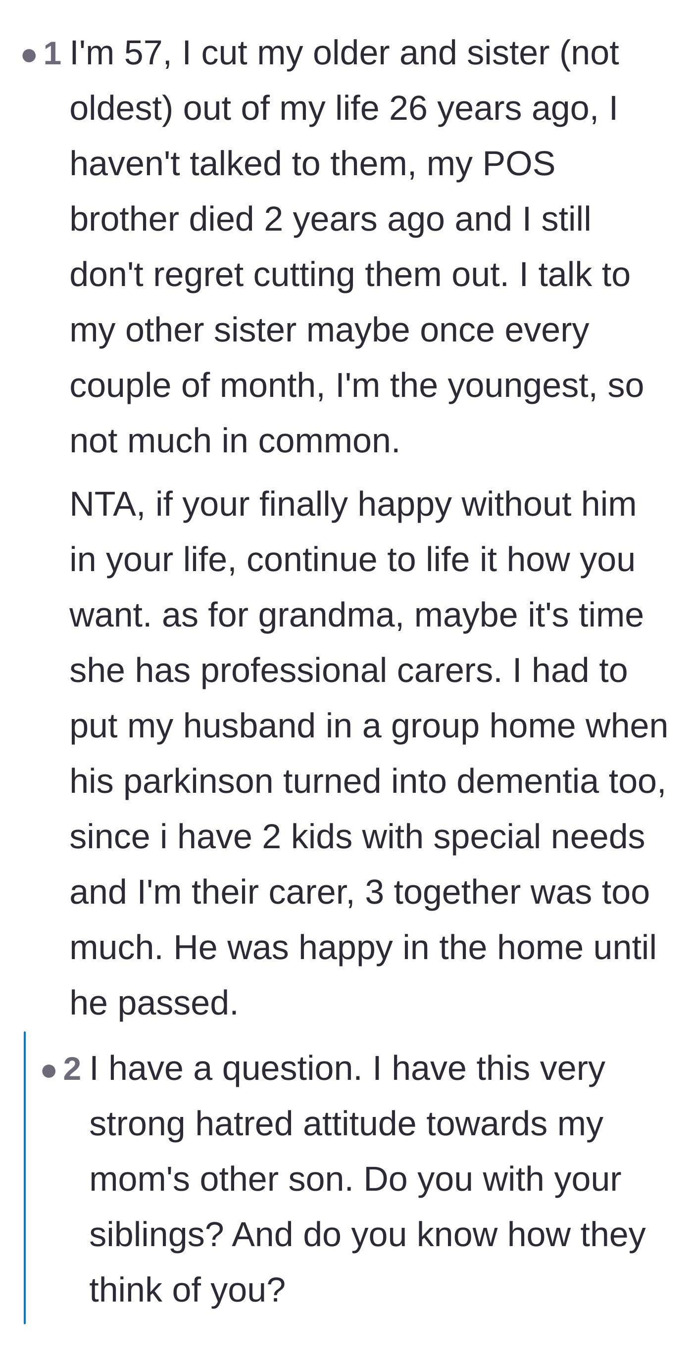 Comment thread 6 - An older commenter sharing their long-term success with sibling estrangement and recommending journaling to process the resentment.