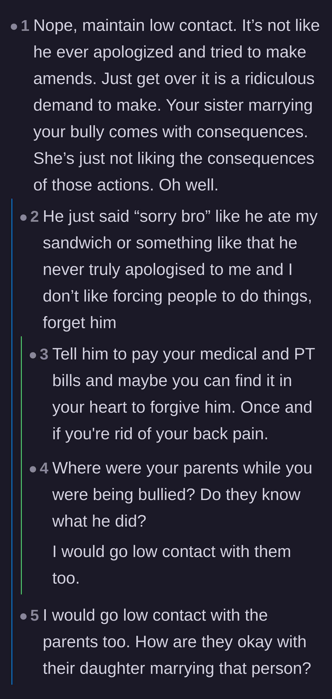 Comment thread 1 - Advice on maintaining low contact and holding the parents accountable for failing to protect their son.