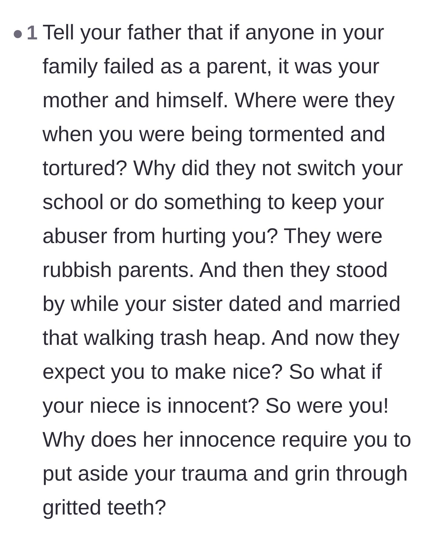 Comment thread 3 - A powerful callout of the parents' failure to protect the author when he was an innocent child himself.
