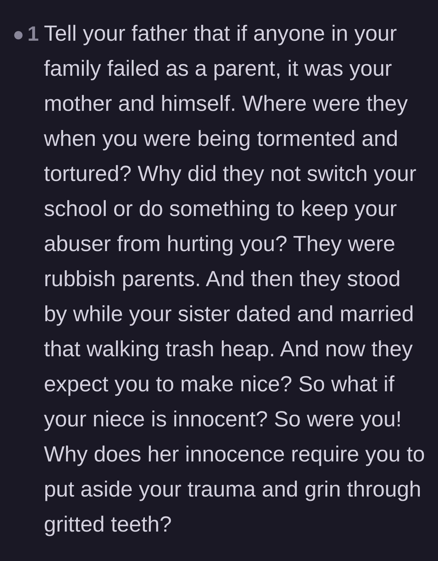 Comment thread 3 - A powerful callout of the parents' failure to protect the author when he was an innocent child himself.