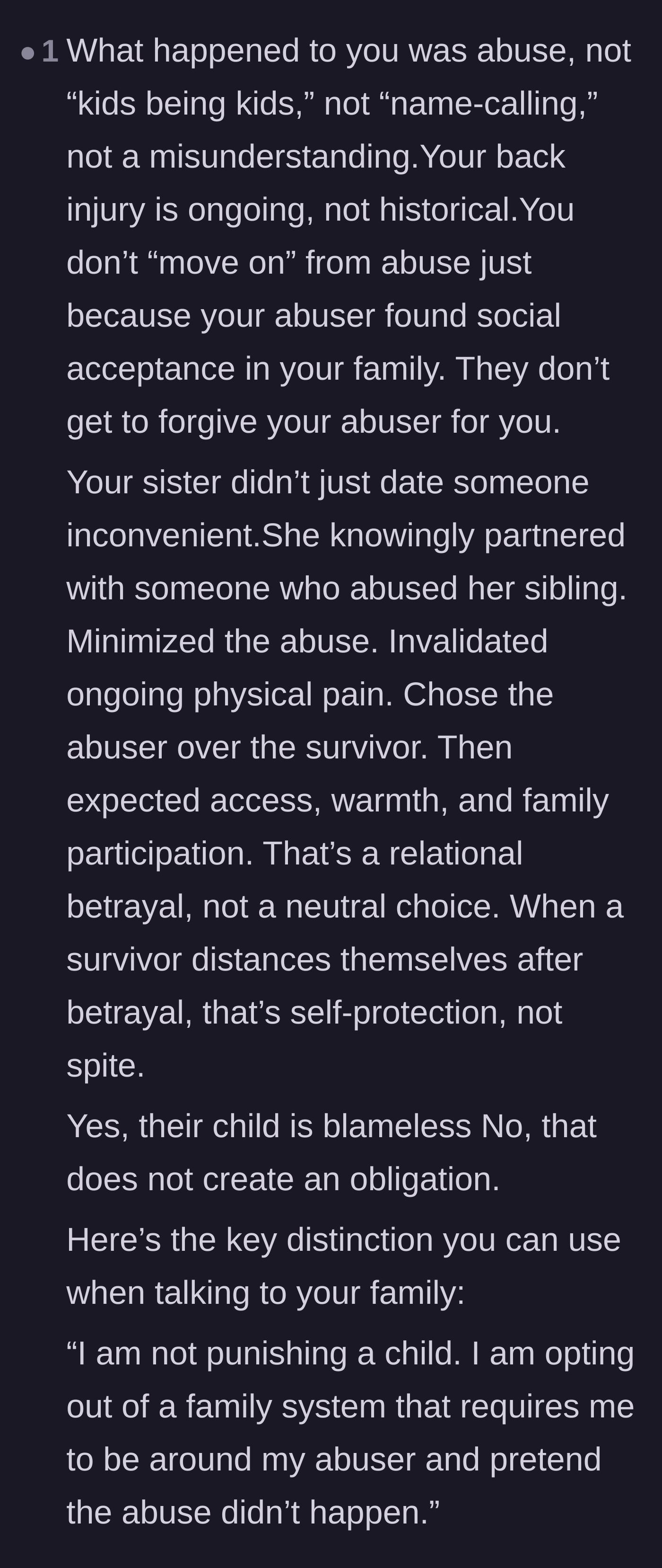 Comment thread 4 - A profound breakdown explaining that distancing oneself from an abuser is about self-protection, not punishing a child.