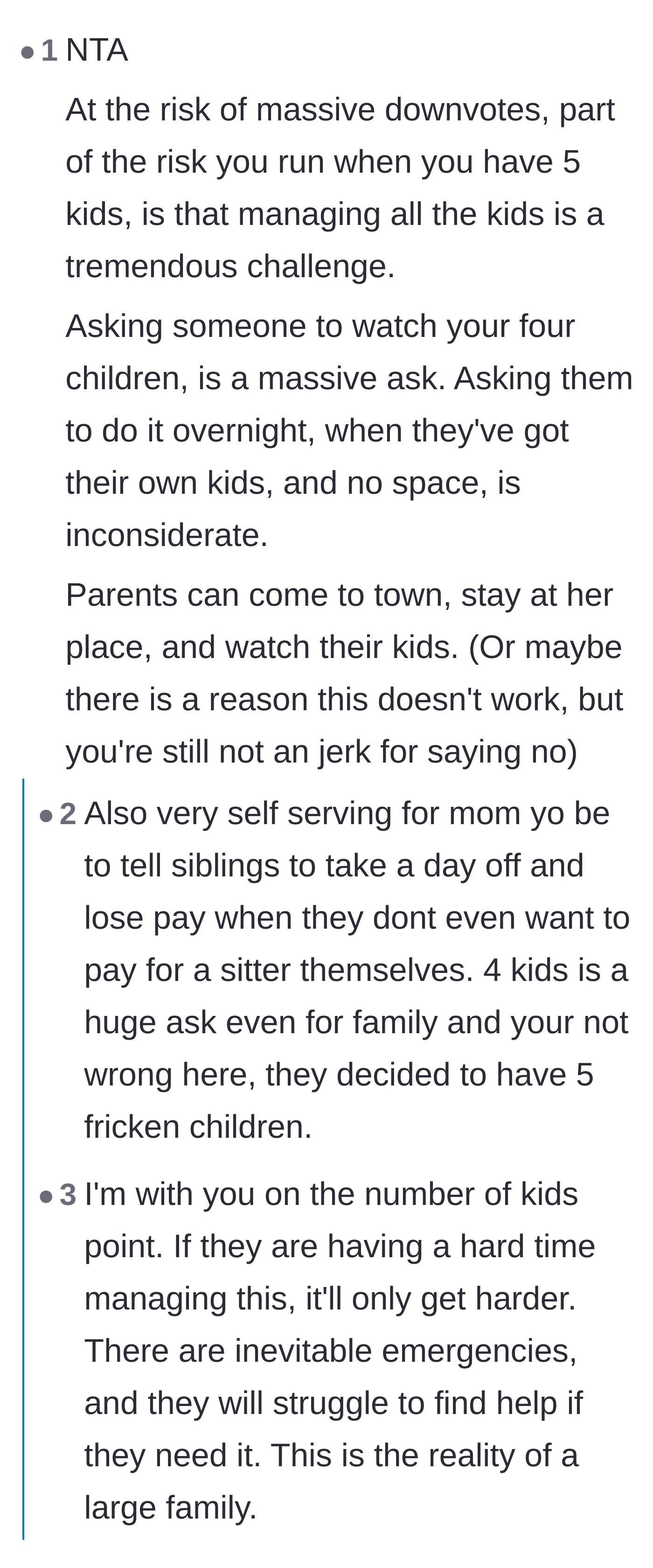 Comment thread 1 - Discussing the financial unfairness of asking a brother to lose wages to save the sister babysitting money