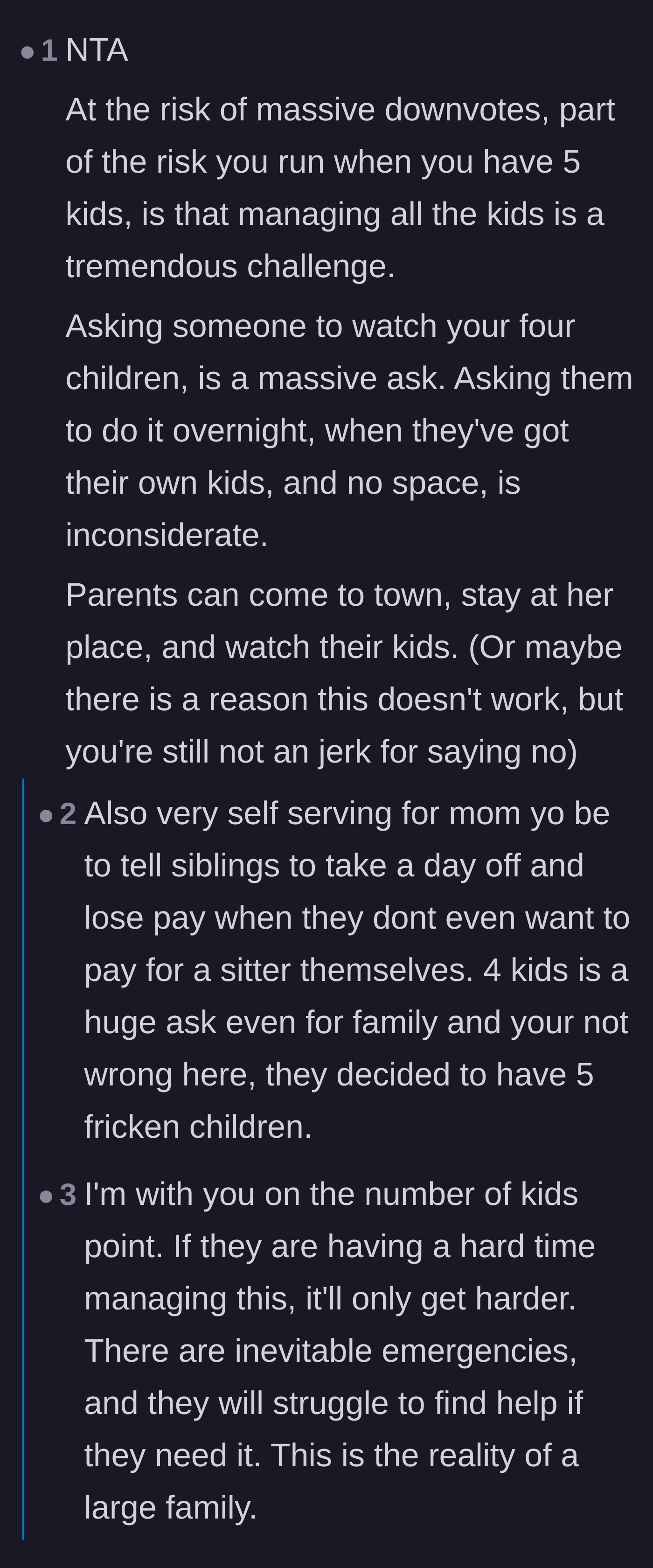 Comment thread 1 - Discussing the financial unfairness of asking a brother to lose wages to save the sister babysitting money