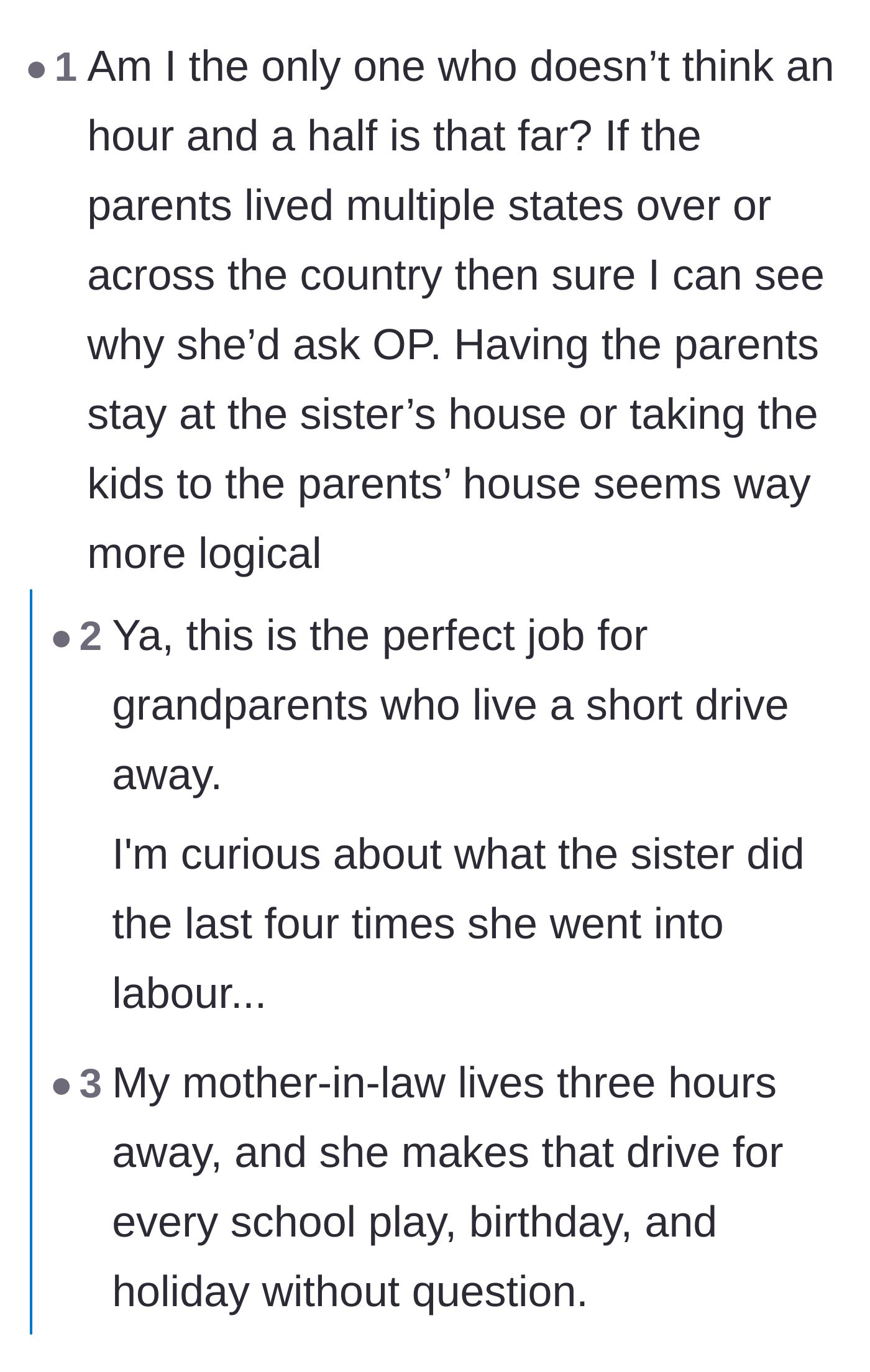 Comment thread 3 - Suggesting the grandparents who live 90 minutes away should step in, and the husband should get a vasectomy