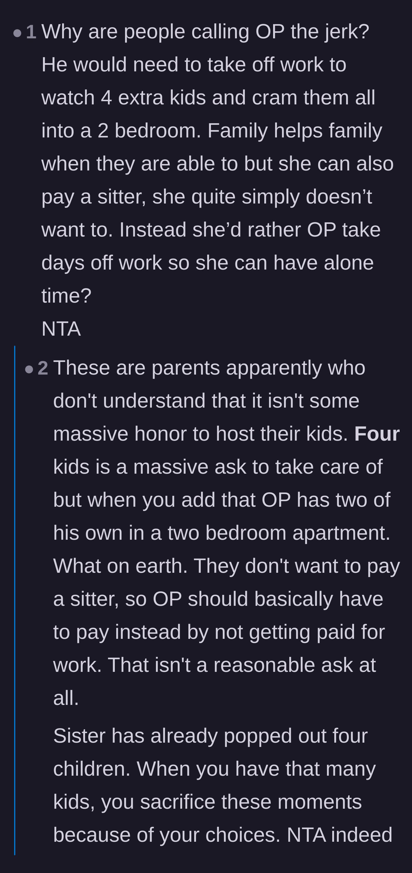 Comment thread 6 - Defending the brother's refusal to cram six children into a tiny apartment while losing out on his own work pay