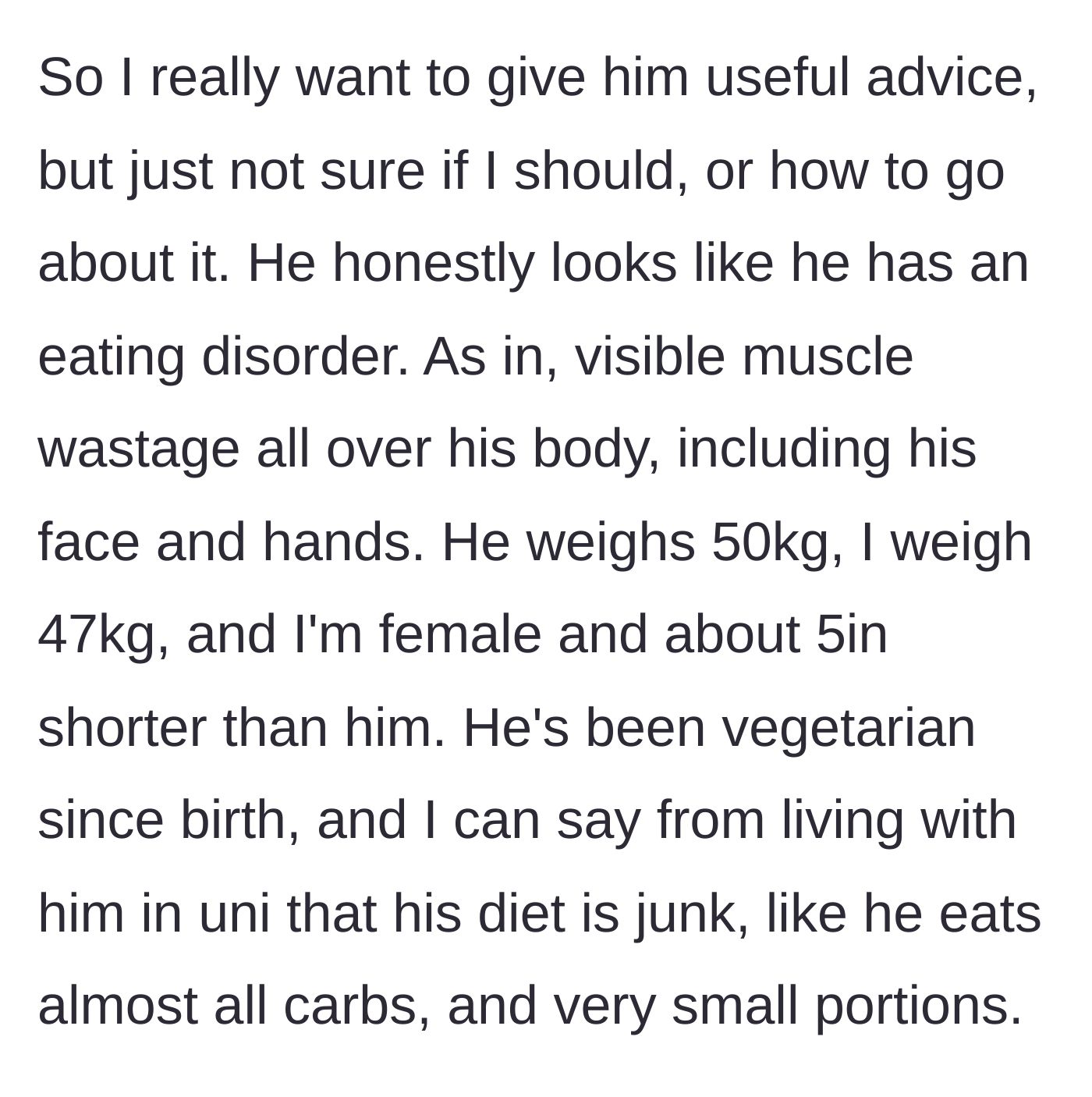 Story part 2 - A visibly frail man eating a tiny bowl of plain pasta.
