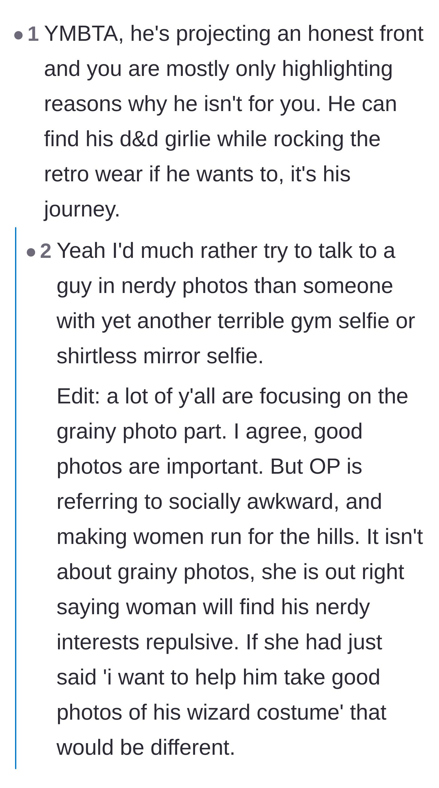 Comment thread 2 - Commenters accusing the author of projecting her own dating preferences onto her friend.