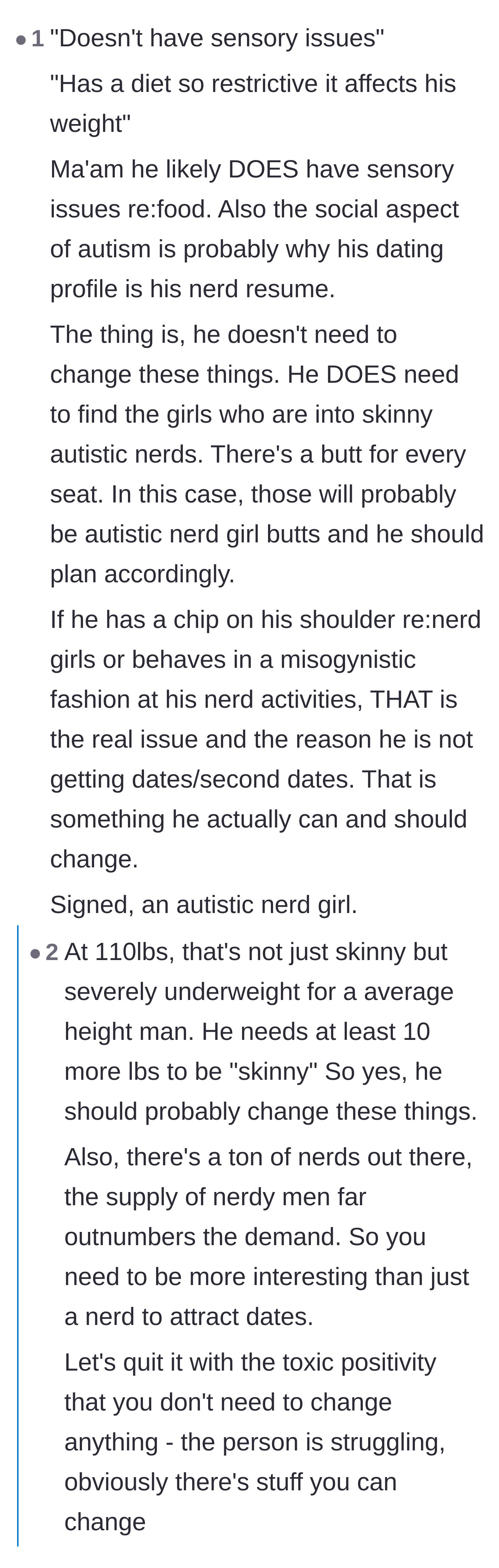 Comment thread 3 - A discussion about neurodivergence, eating disorders, and finding a niche audience instead of changing.