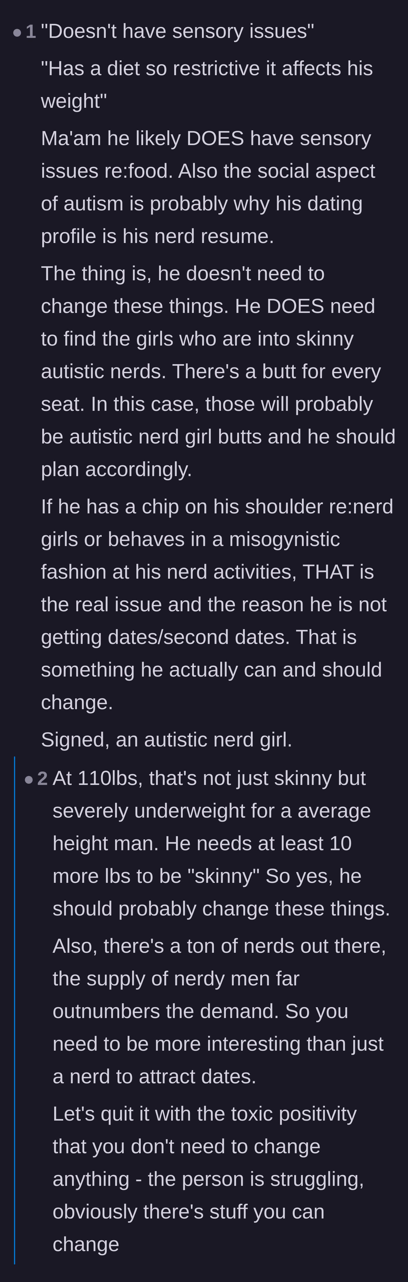 Comment thread 3 - A discussion about neurodivergence, eating disorders, and finding a niche audience instead of changing.
