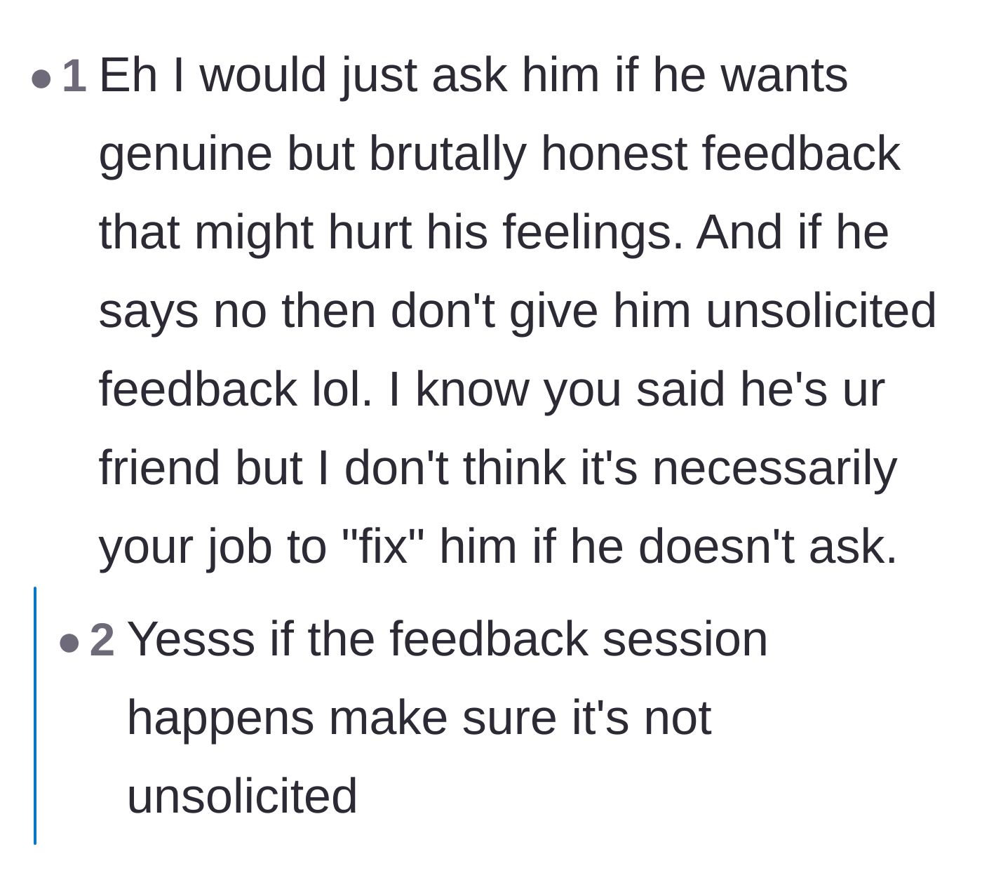 Comment thread 5 - A practical tip to simply ask for consent before dropping brutal feedback.